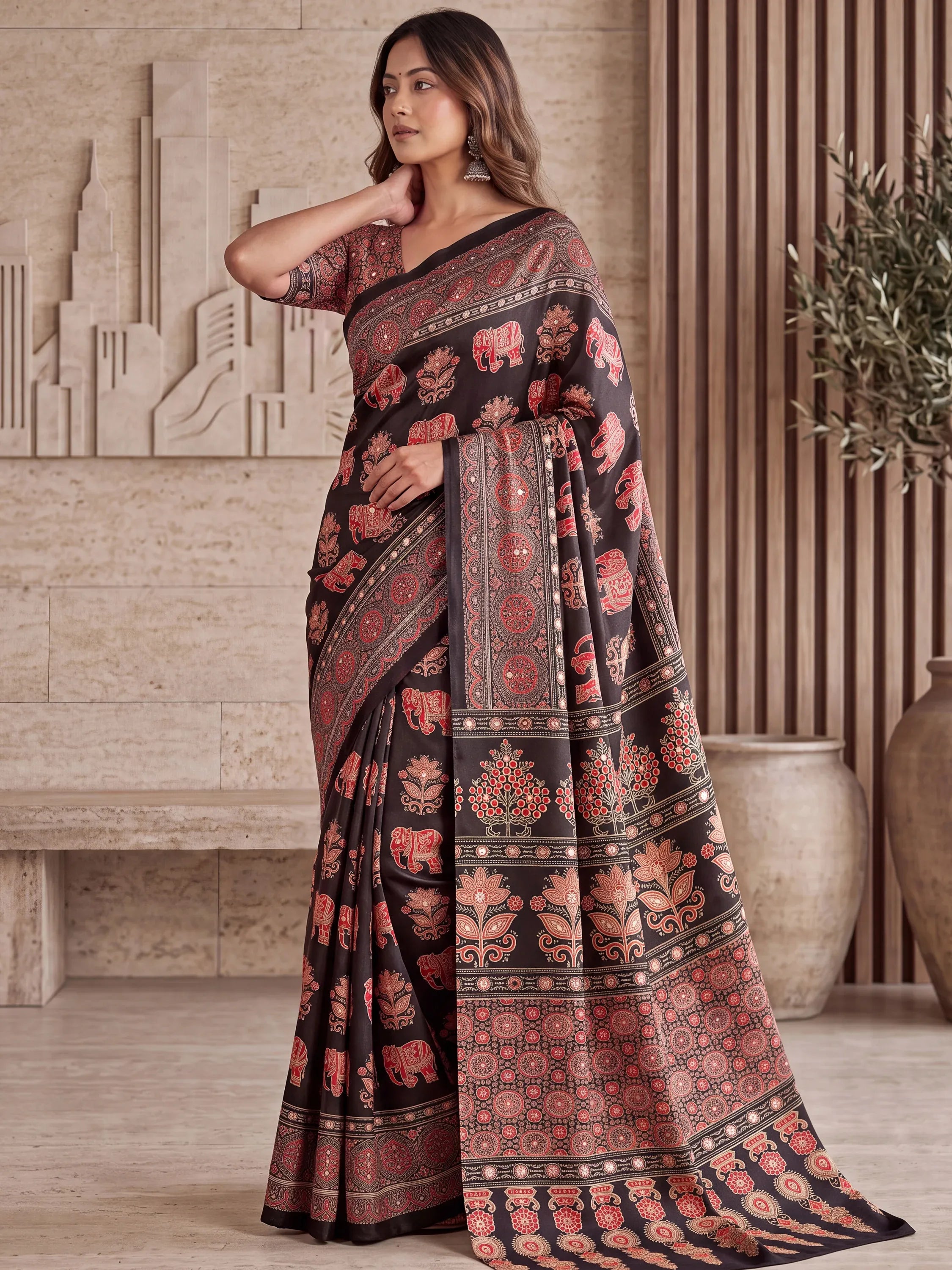 Dazzling Black Digital Printed Crepe Silk Party Wear Saree With Blouse