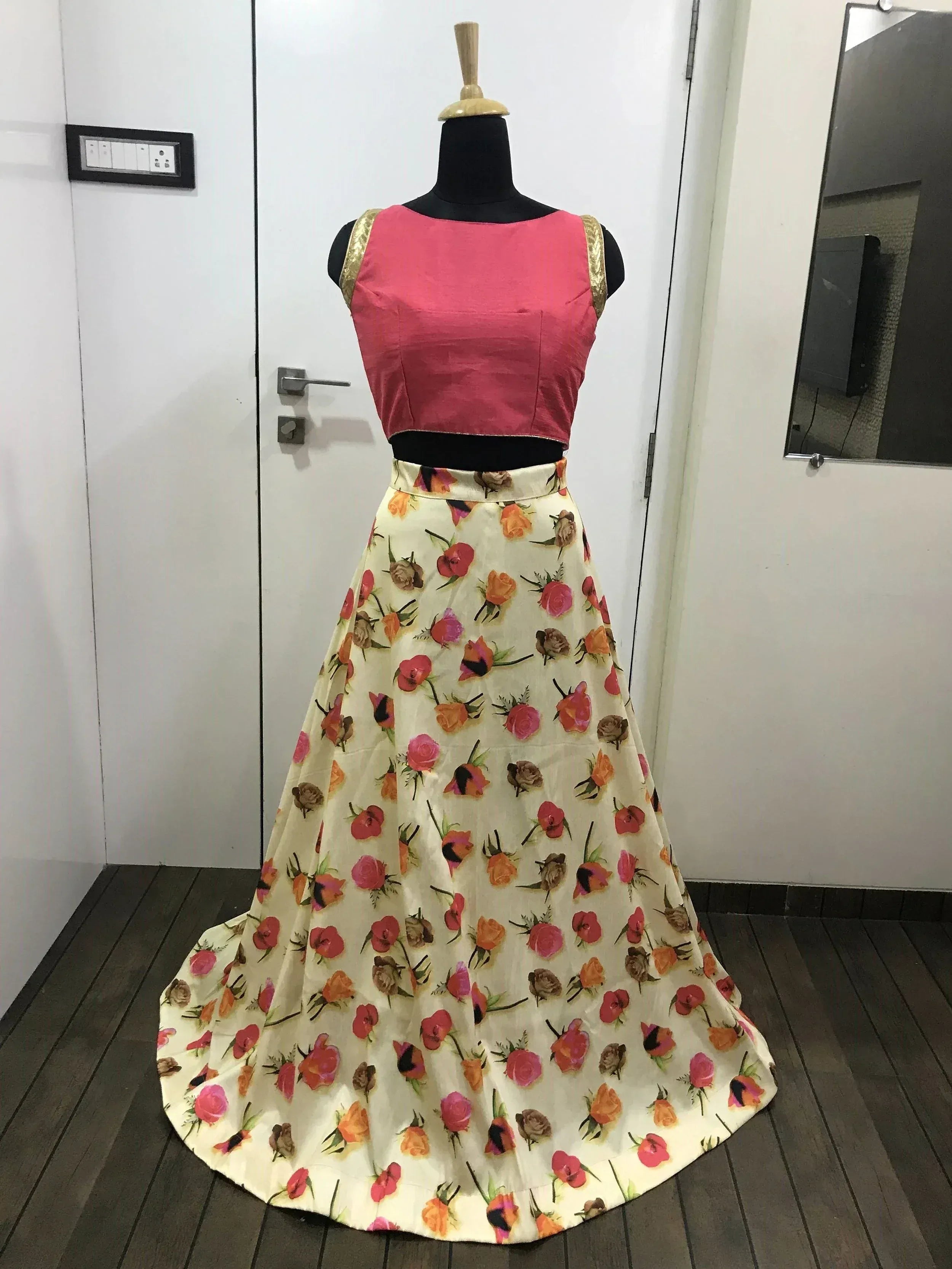 Pink sleeveless top with floral print skirt, Indian ethnic wear