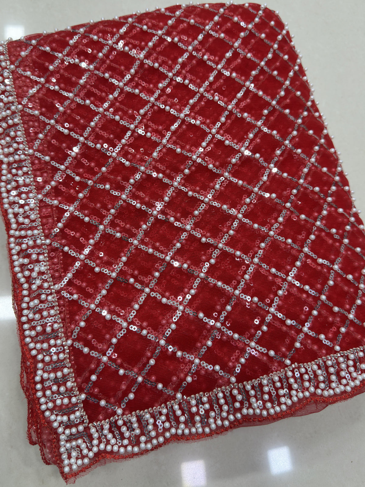 Stupendous Red Bead Embroidered Net Bridal Wear Saree With Blouse