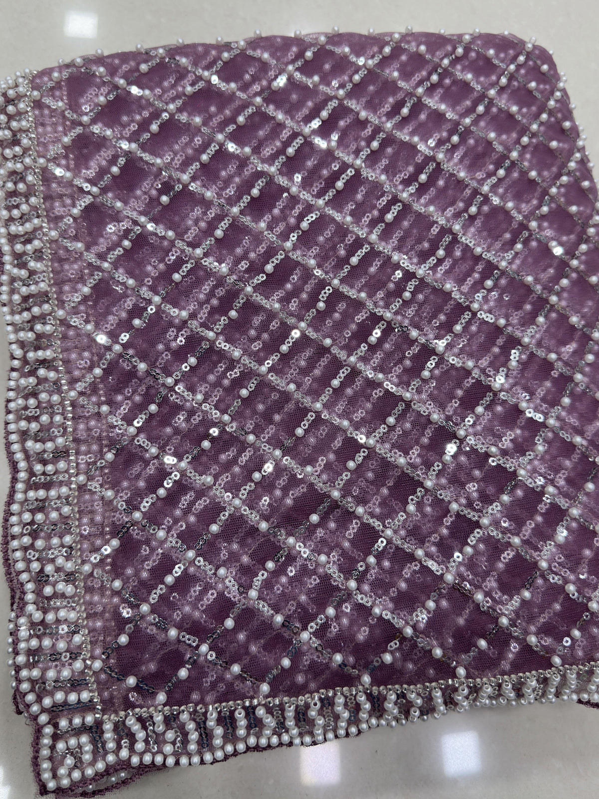 breathtaking Lavender Sequins Net Party Wear Saree With Blouse