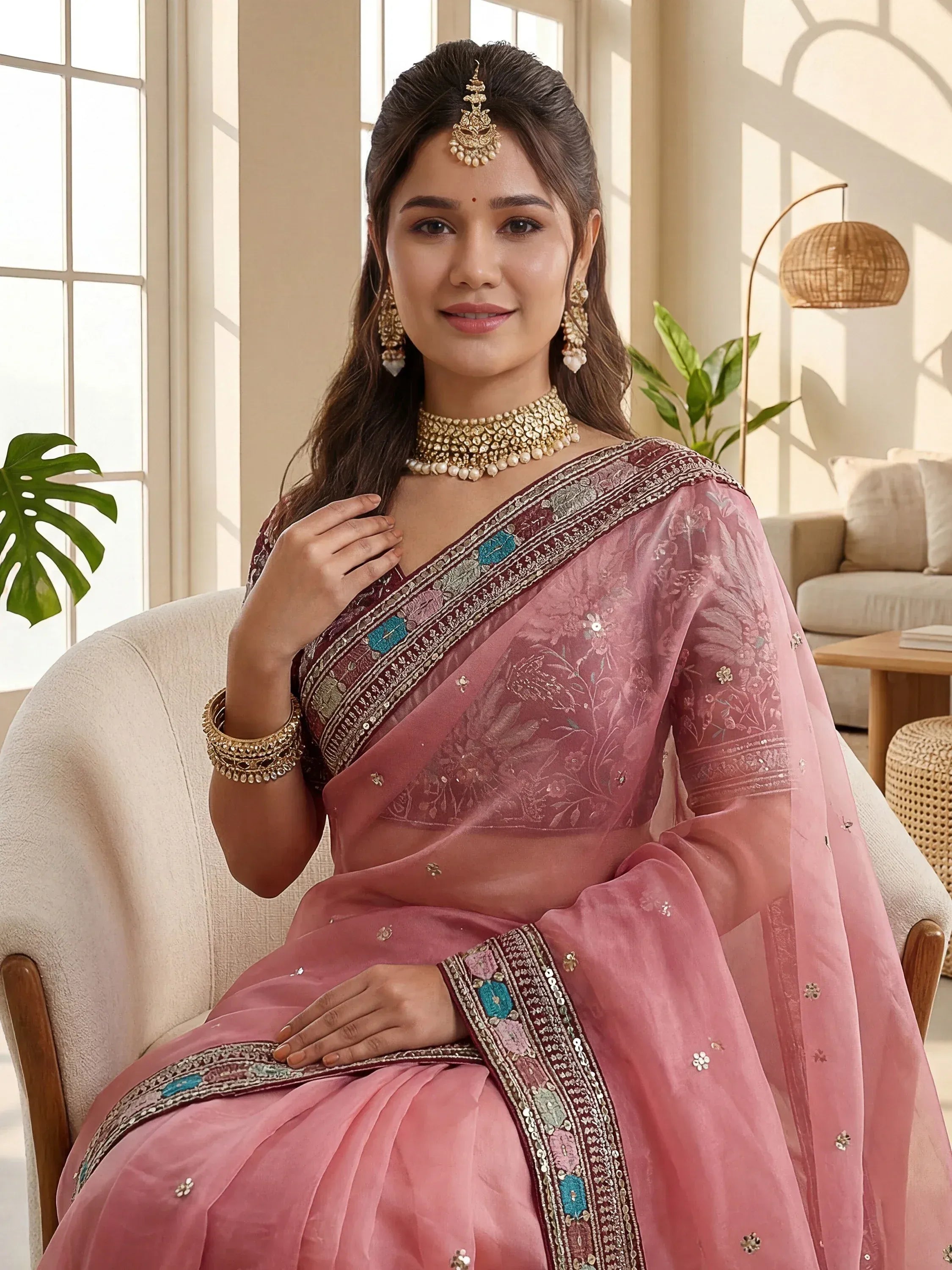 Attractive Pink Embroidery Organza Party Wear Saree With Blouse