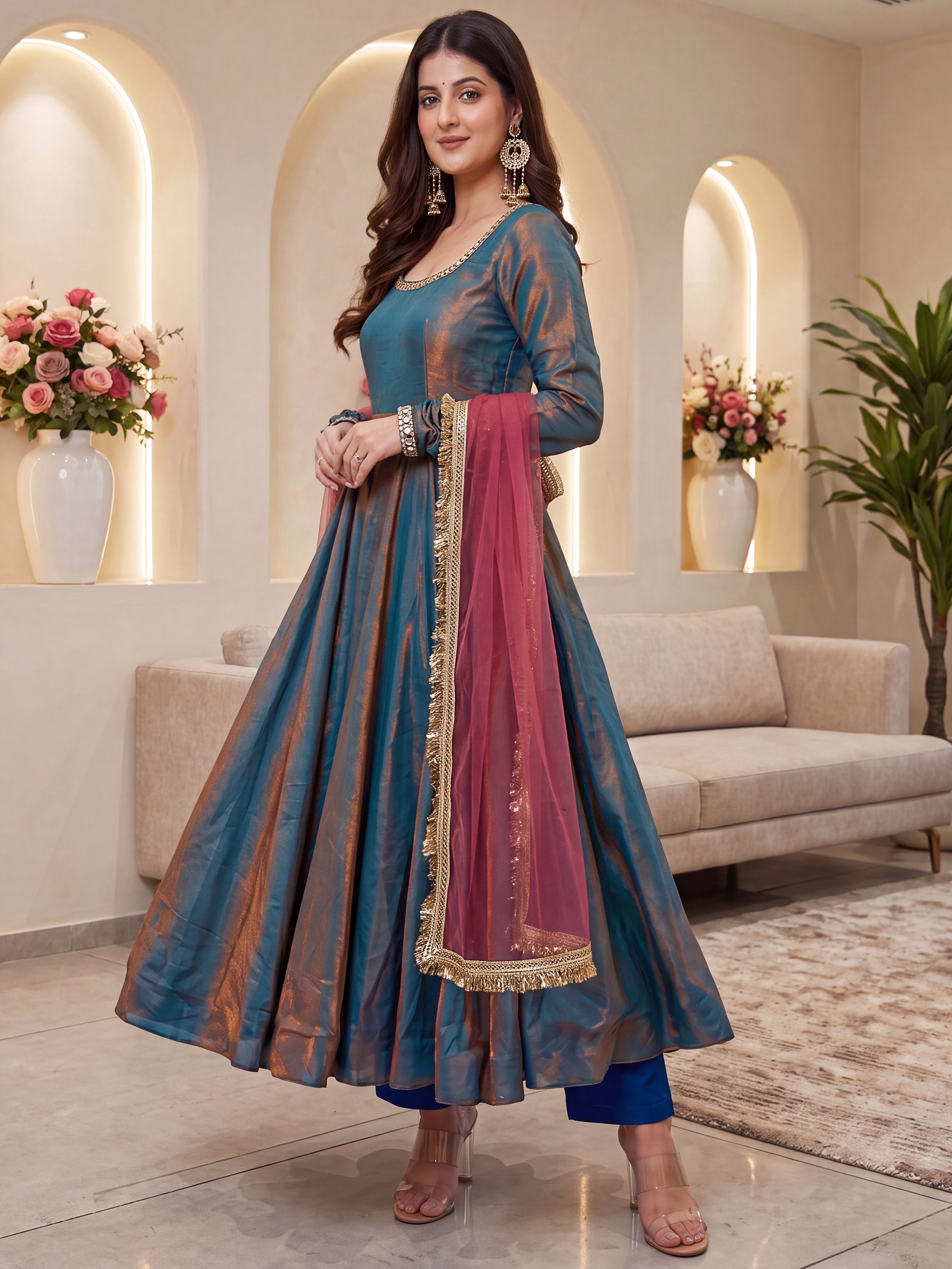 Graceful Grey Mirror Laced Silk Festive Wear Anarkali Suit With Dupatta