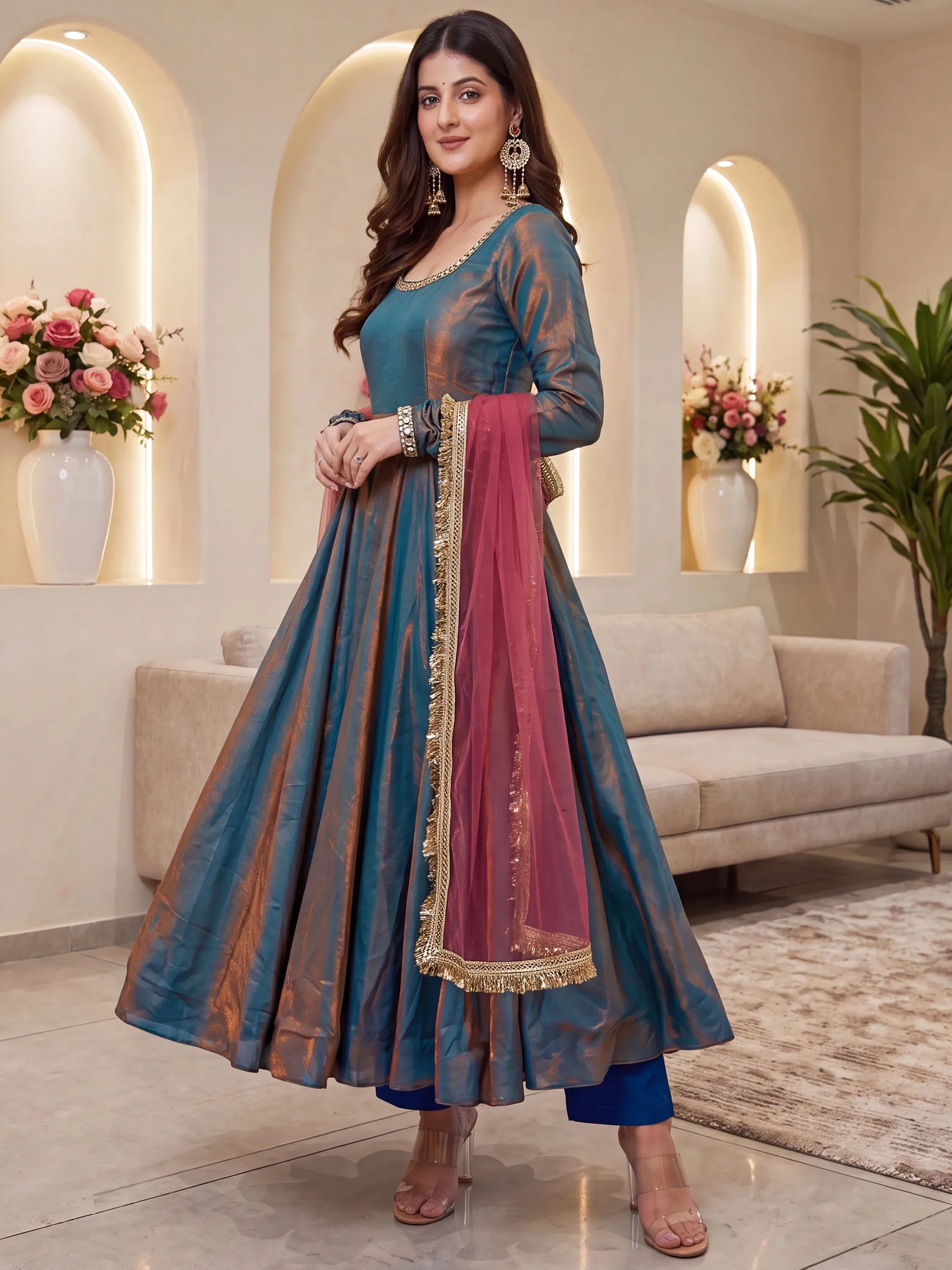 Graceful Grey Mirror Laced Silk Festive Wear Anarkali Suit With Dupatta