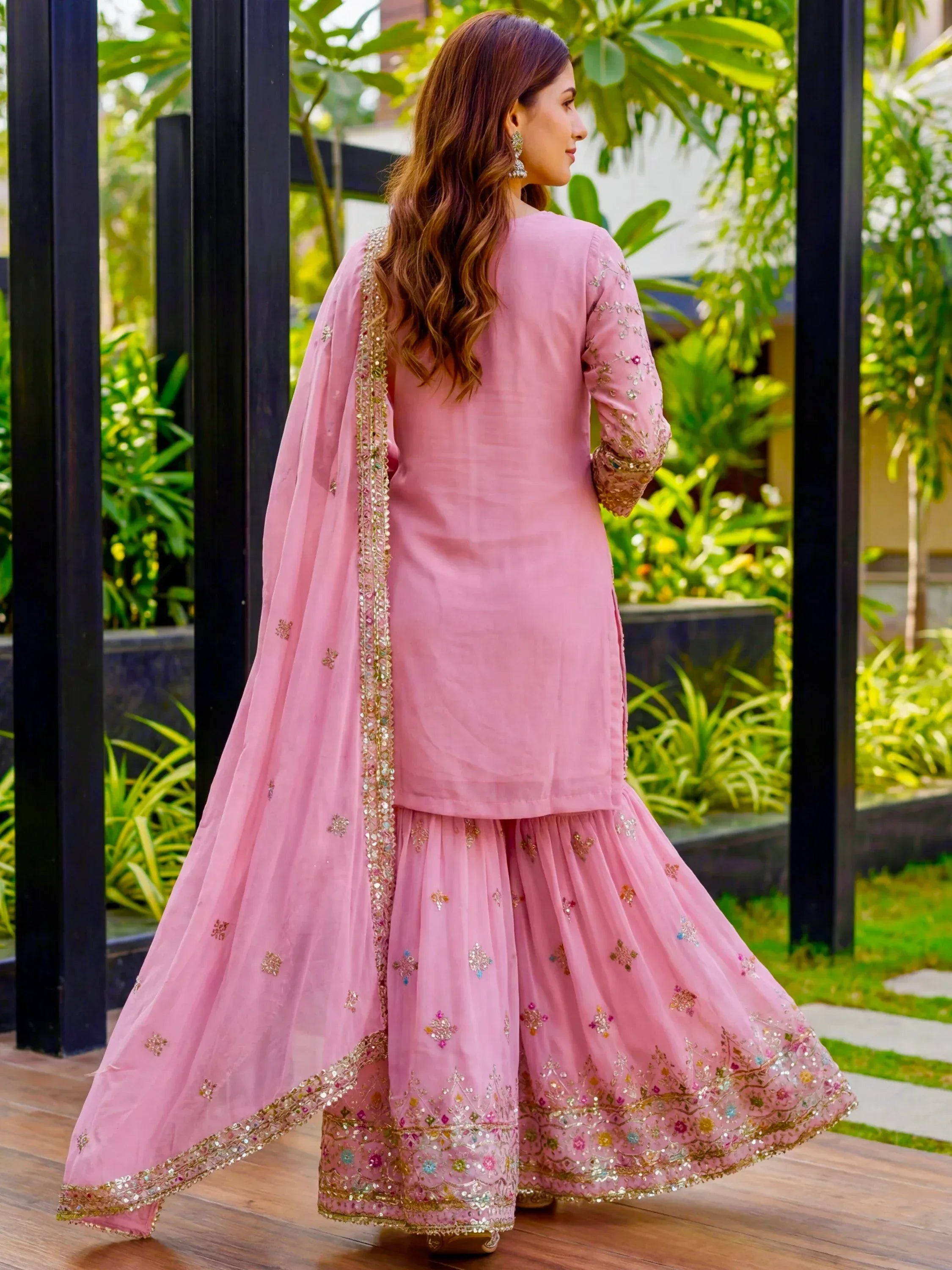 Elegant Pink Thread Embroidered Georgette Engagement Wear Sharara Suit