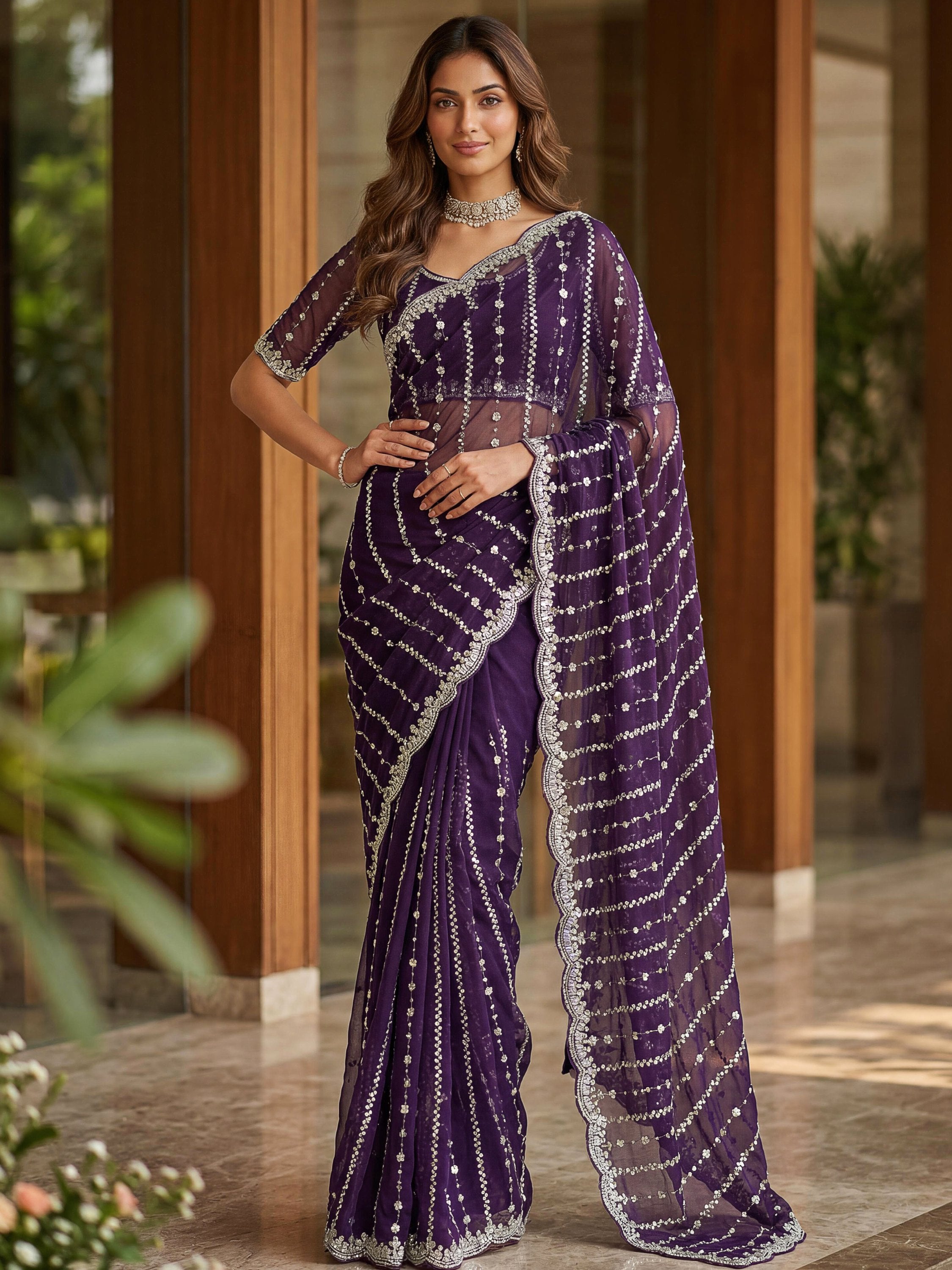 Impressive Purple Embroidered Satin Reception Wear Saree With Blouse