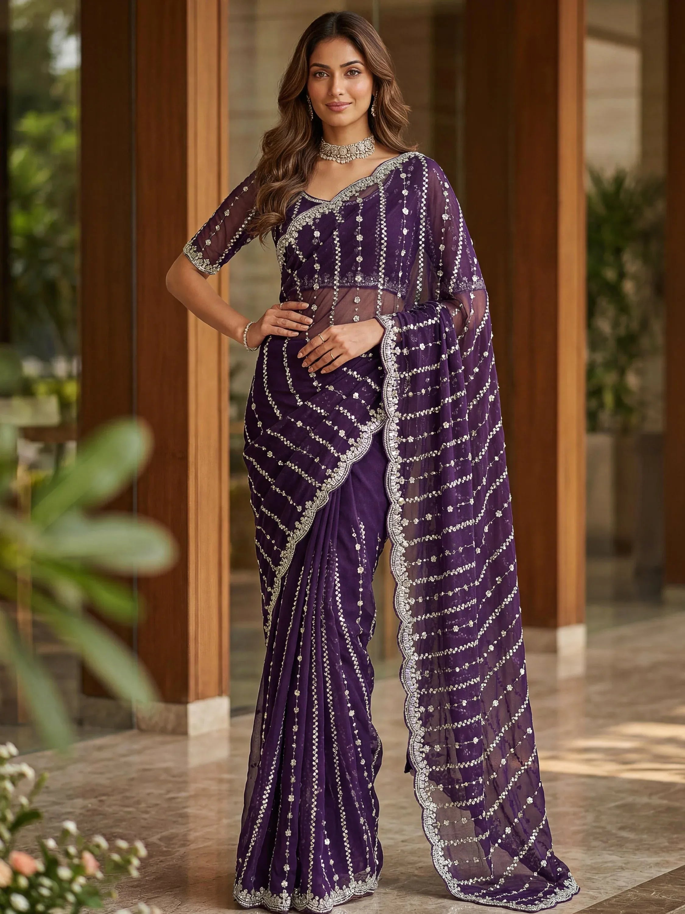 Impressive Purple Embroidered Satin Reception Wear Saree With Blouse