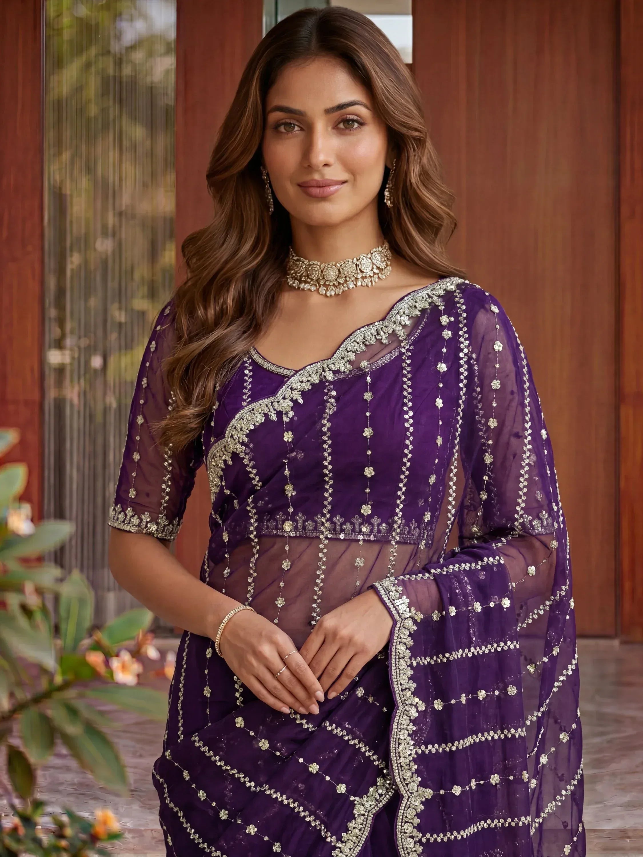 Impressive Purple Embroidered Satin Reception Wear Saree With Blouse