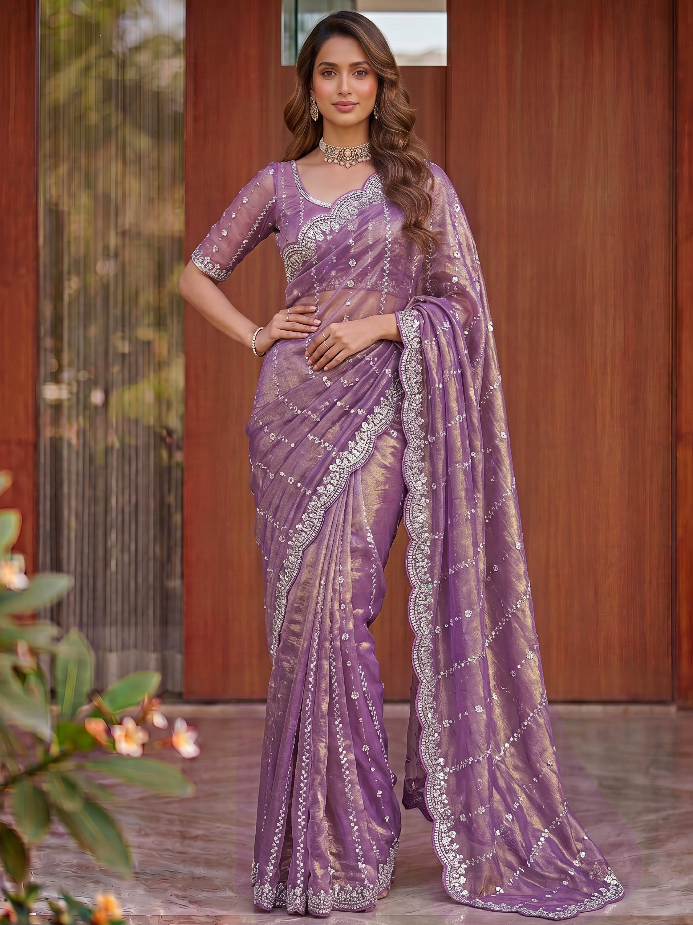 Magnetic Lavender Sequins Satin Engagement Wear Saree With Blouse