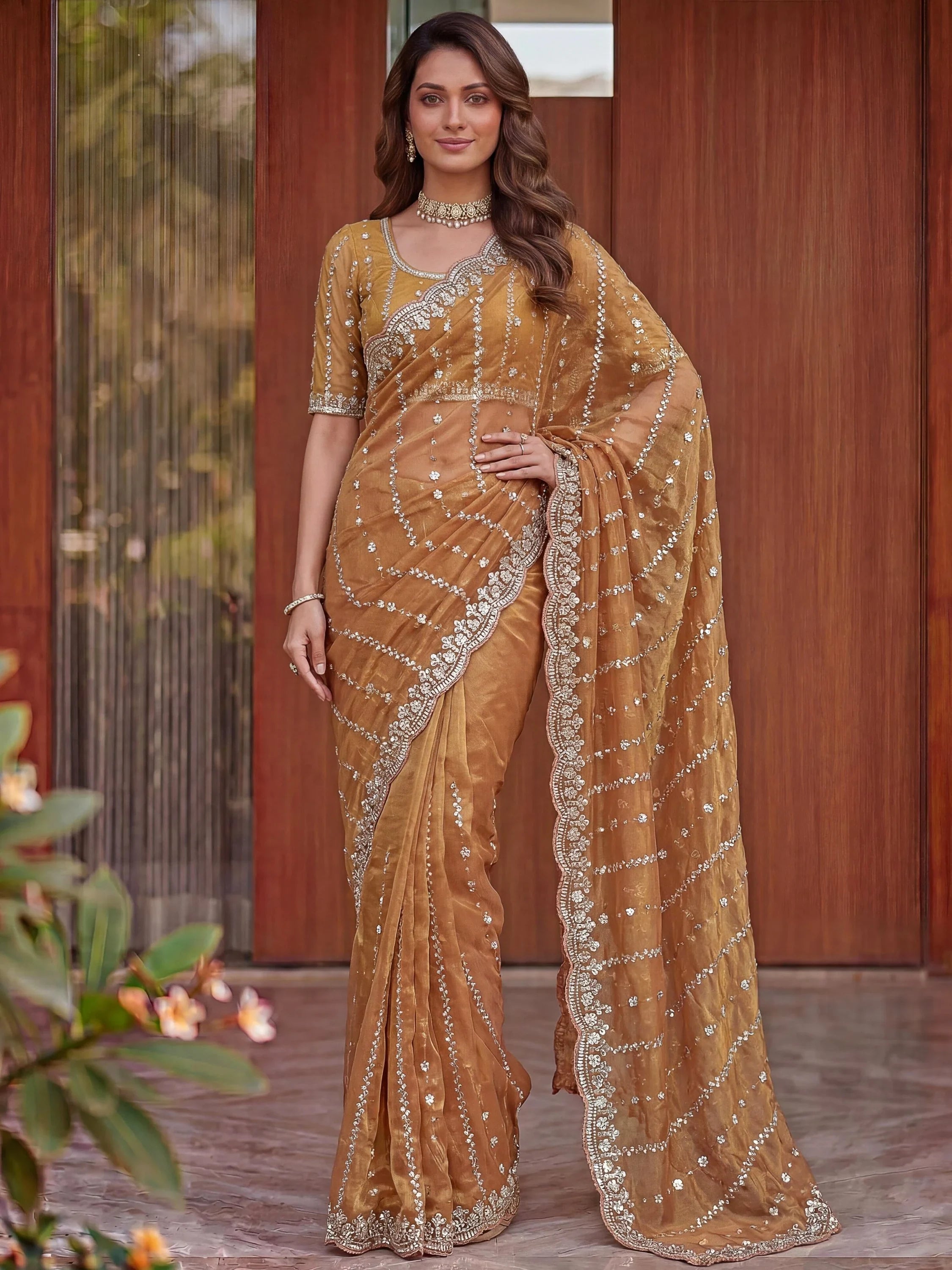 Sparkling Orange Sequins Satin Marriage Wear Saree With Blouse