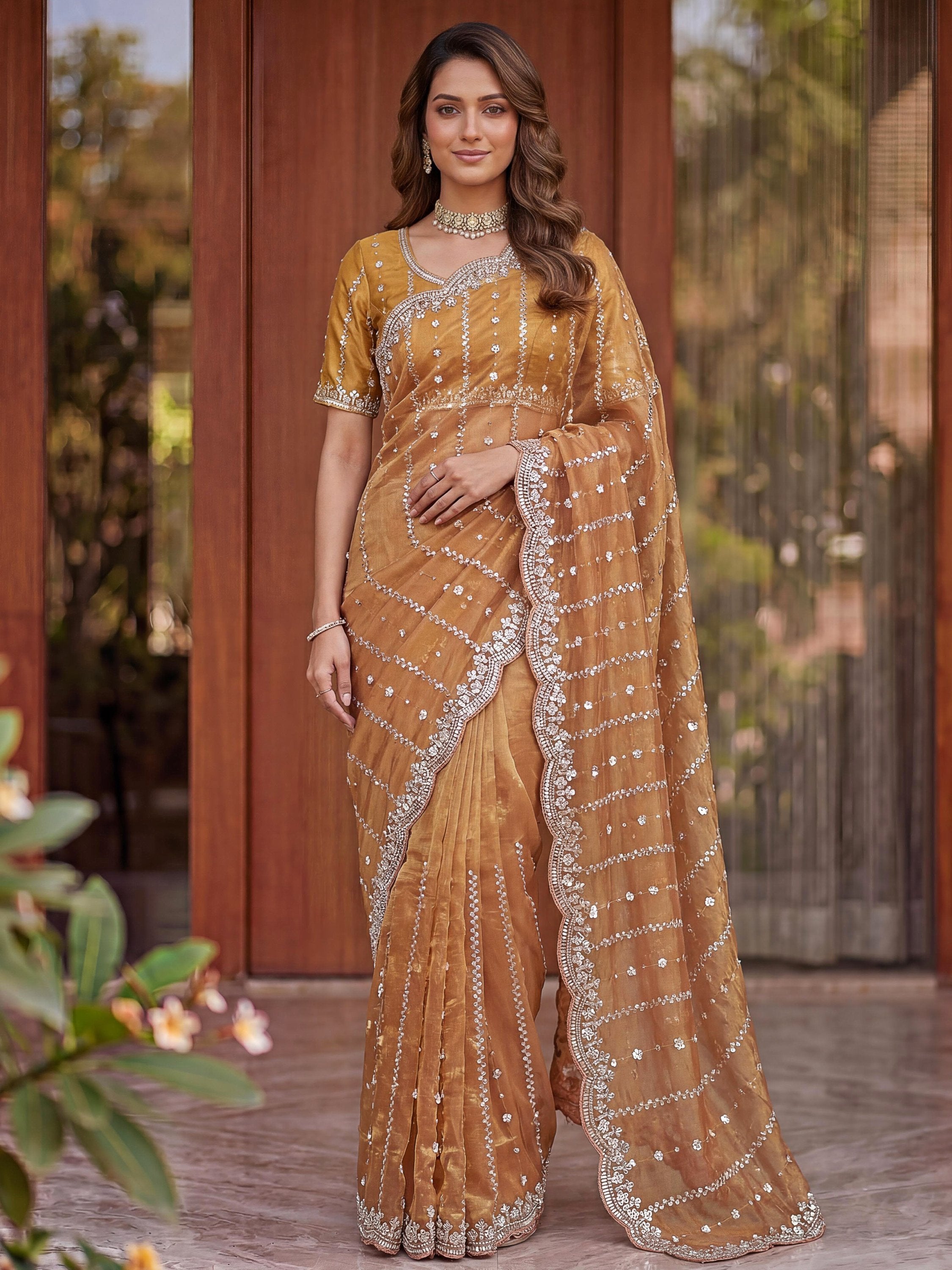 Sparkling Peach Sequins Satin Marriage Wear Saree With Blouse