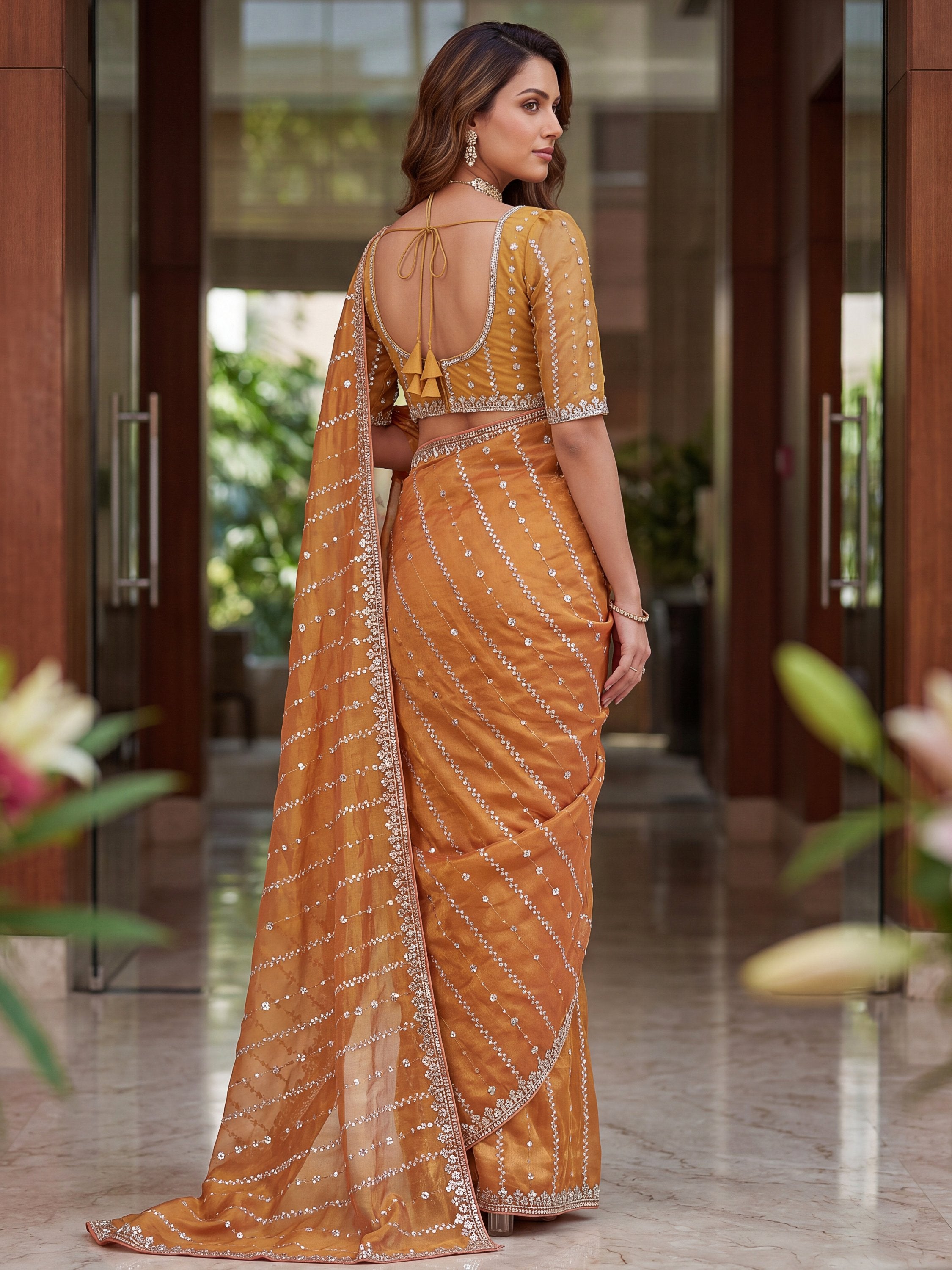 Sparkling Peach Sequins Satin Marriage Wear Saree With Blouse