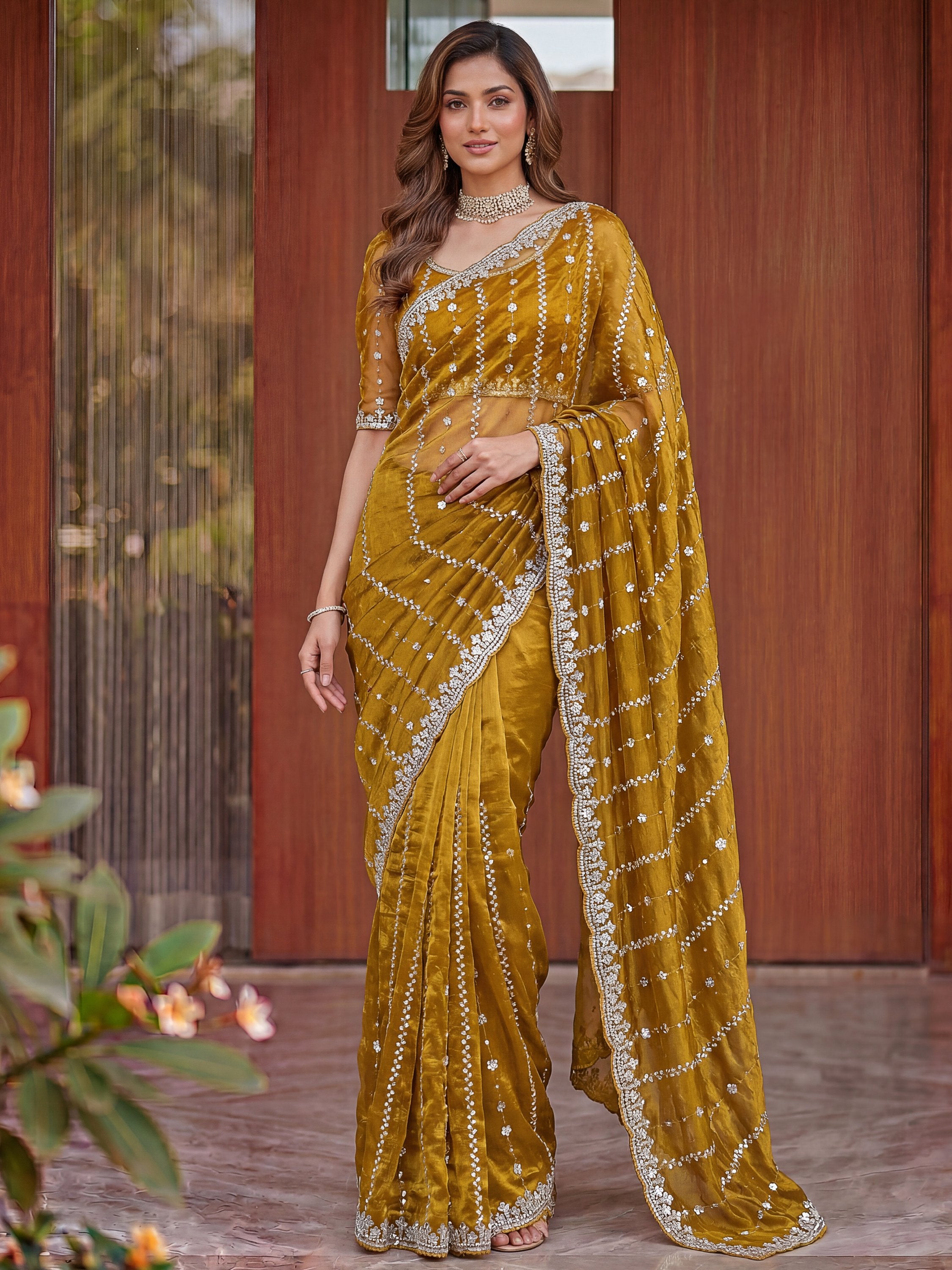 Notable Mustard Yellow Bead Work Satin Wedding Wear Saree With Blouse