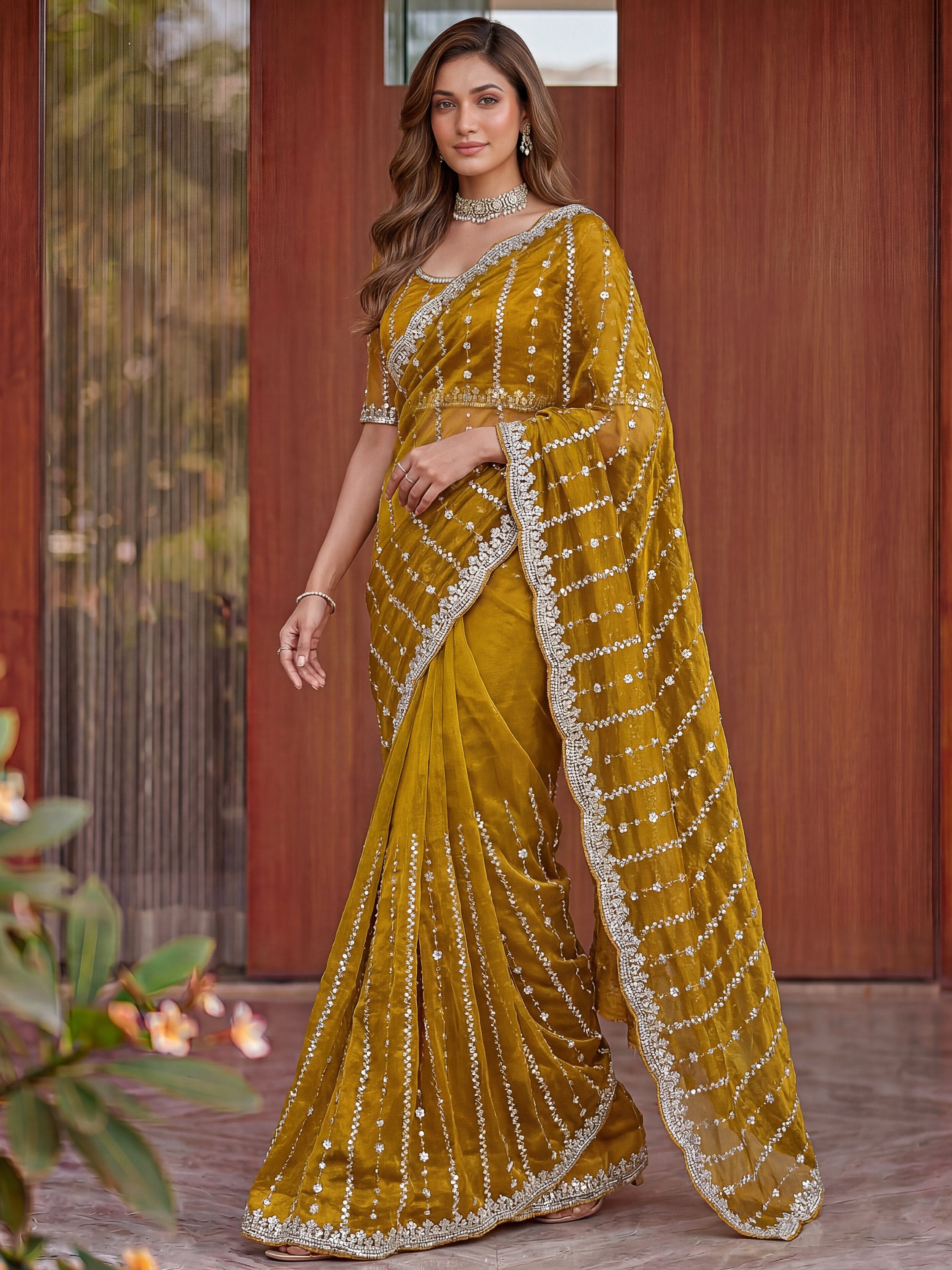 Notable Mustard Yellow Bead Work Satin Wedding Wear Saree With Blouse
