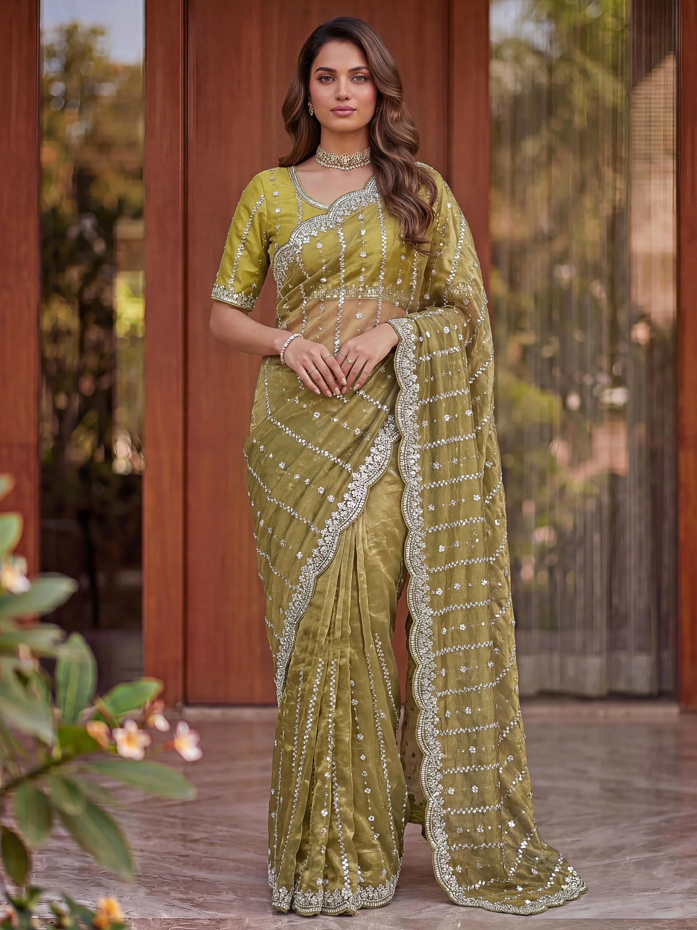 Super Olive Green Sequins Satin Designer Saree With Blouse