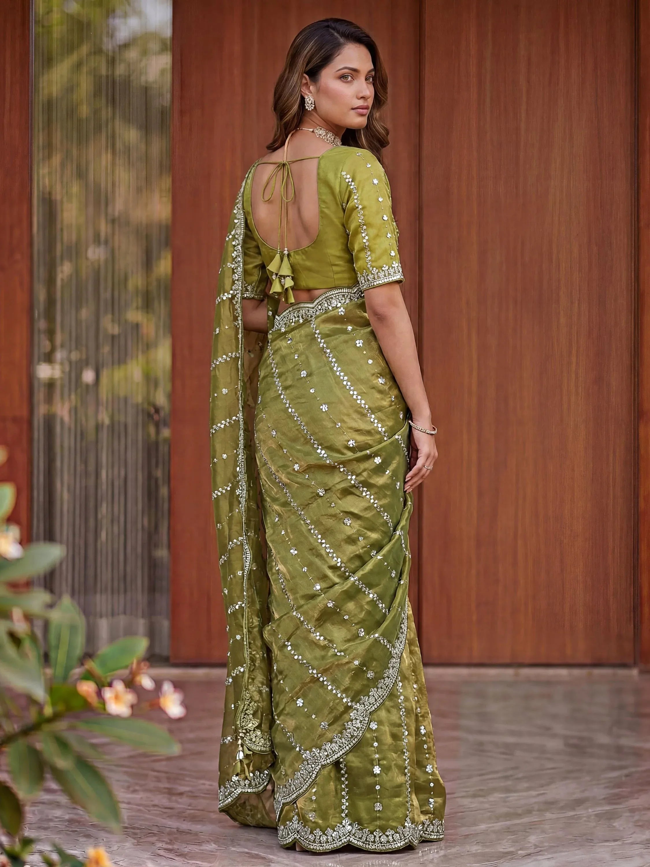 Super Olive Green Sequins Satin Designer Saree With Blouse