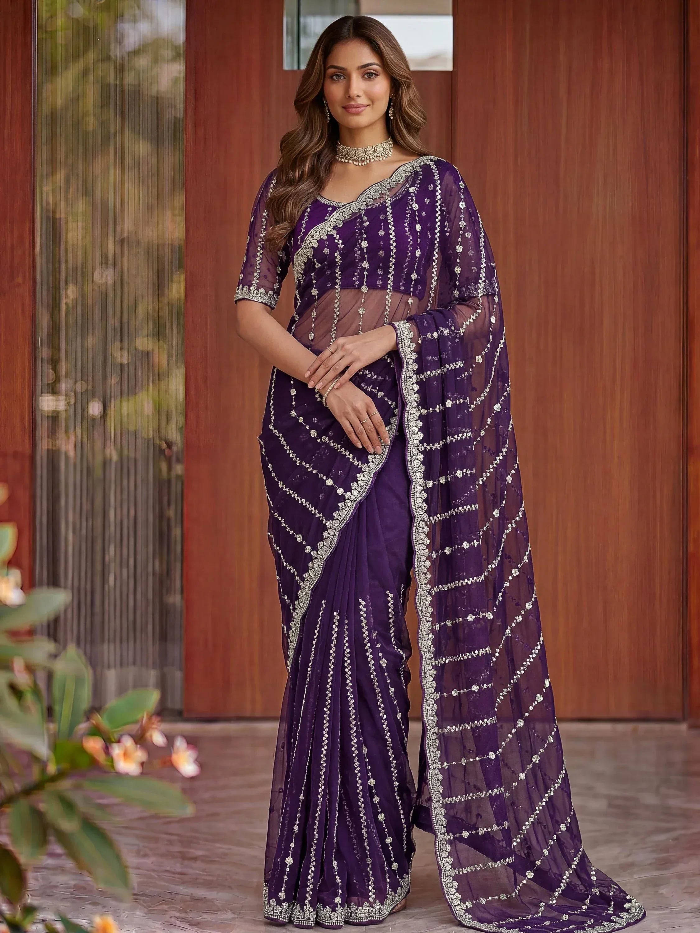 Impressive Purple Embroidered Satin Reception Wear Saree With Blouse