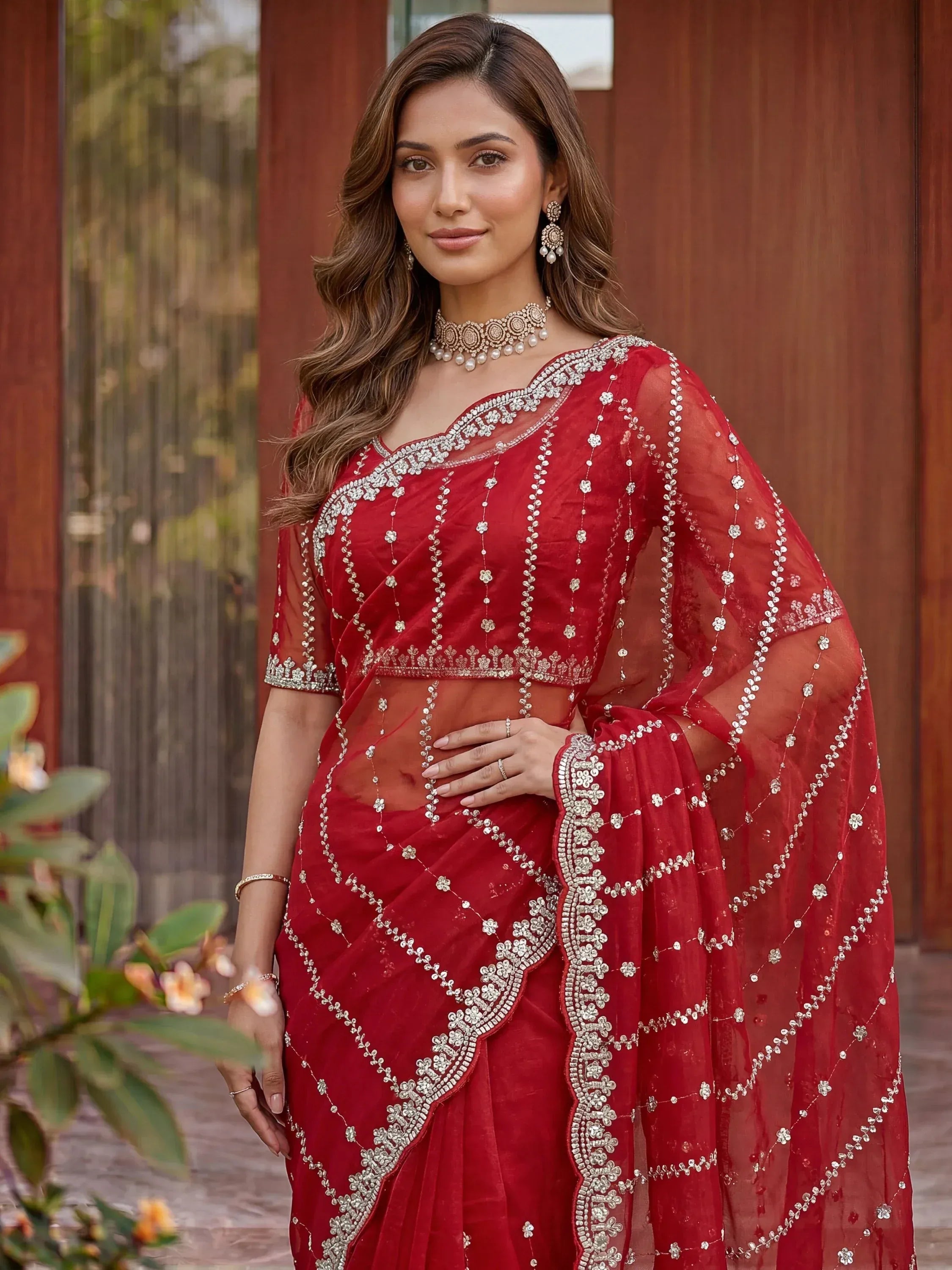 Fashionable Red Sequins Satin Bridal Saree With Blouse