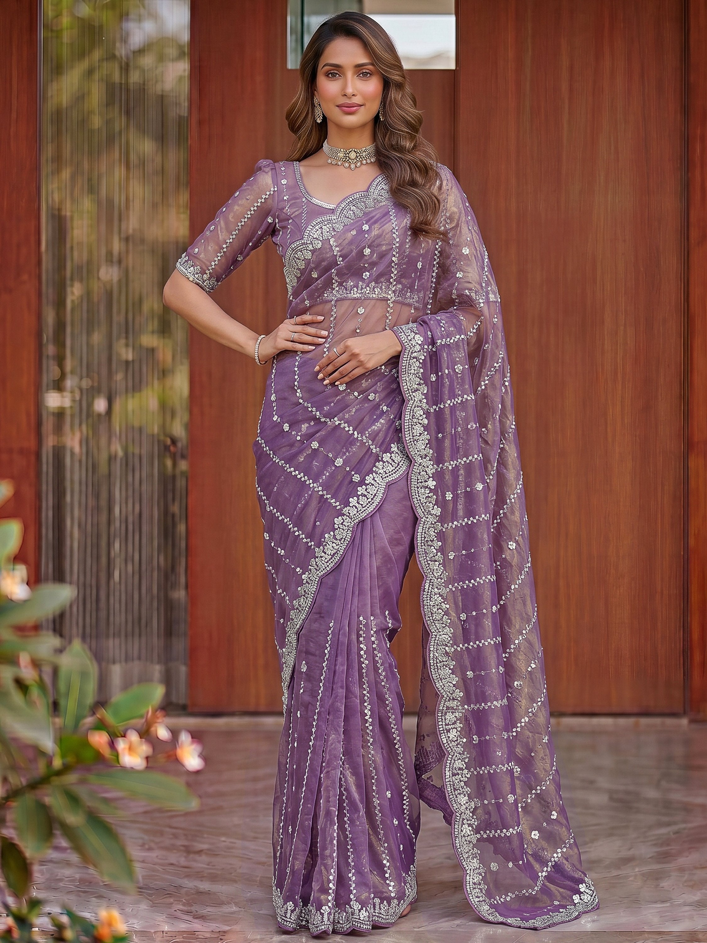 Magnetic Lavender Sequins Satin Engagement Wear Saree With Blouse