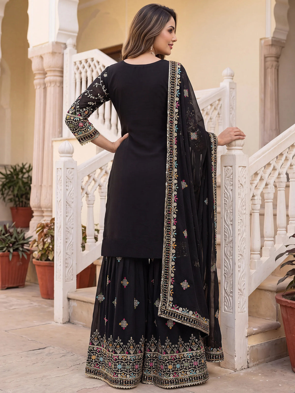 Dazzling Black Floral Embroidery Georgette Festive Wear Sharara Suit