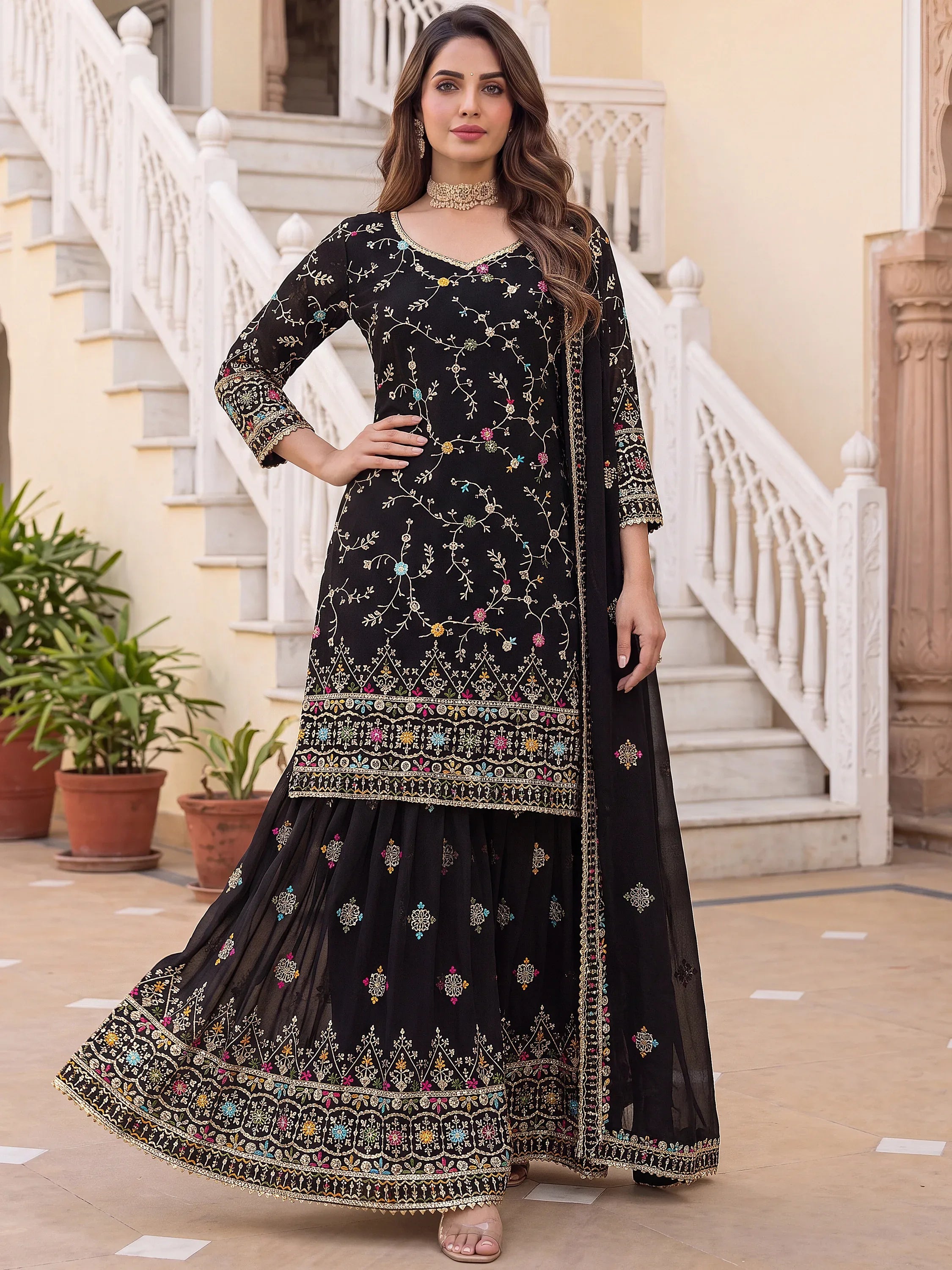 Dazzling Black Floral Embroidery Georgette Festive Wear Sharara Suit