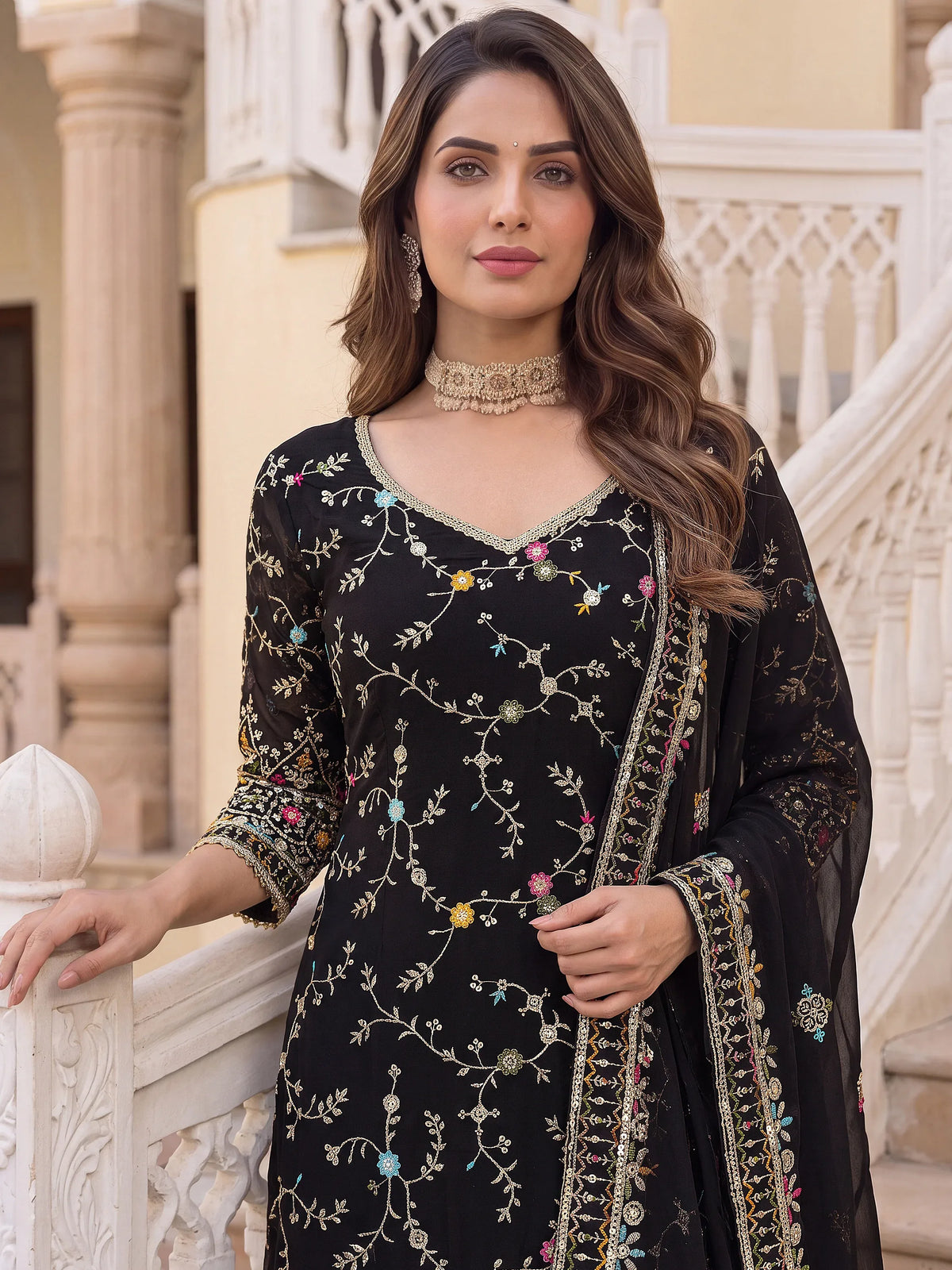 Dazzling Black Floral Embroidery Georgette Festive Wear Sharara Suit