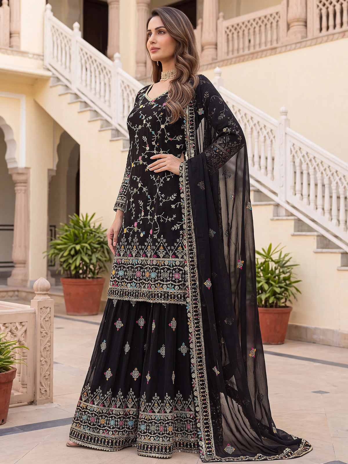 Dazzling Black Floral Embroidery Georgette Festive Wear Sharara Suit