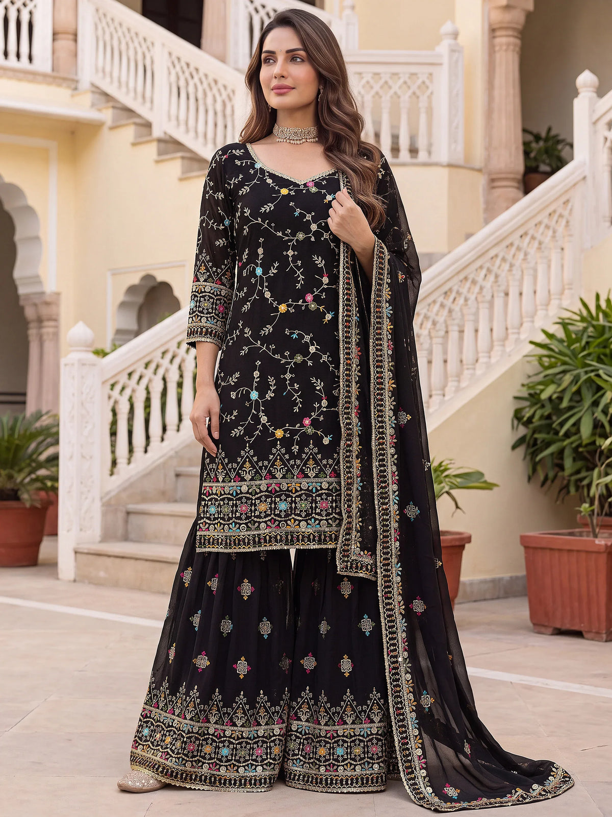 Dazzling Black Floral Embroidery Georgette Festive Wear Sharara Suit