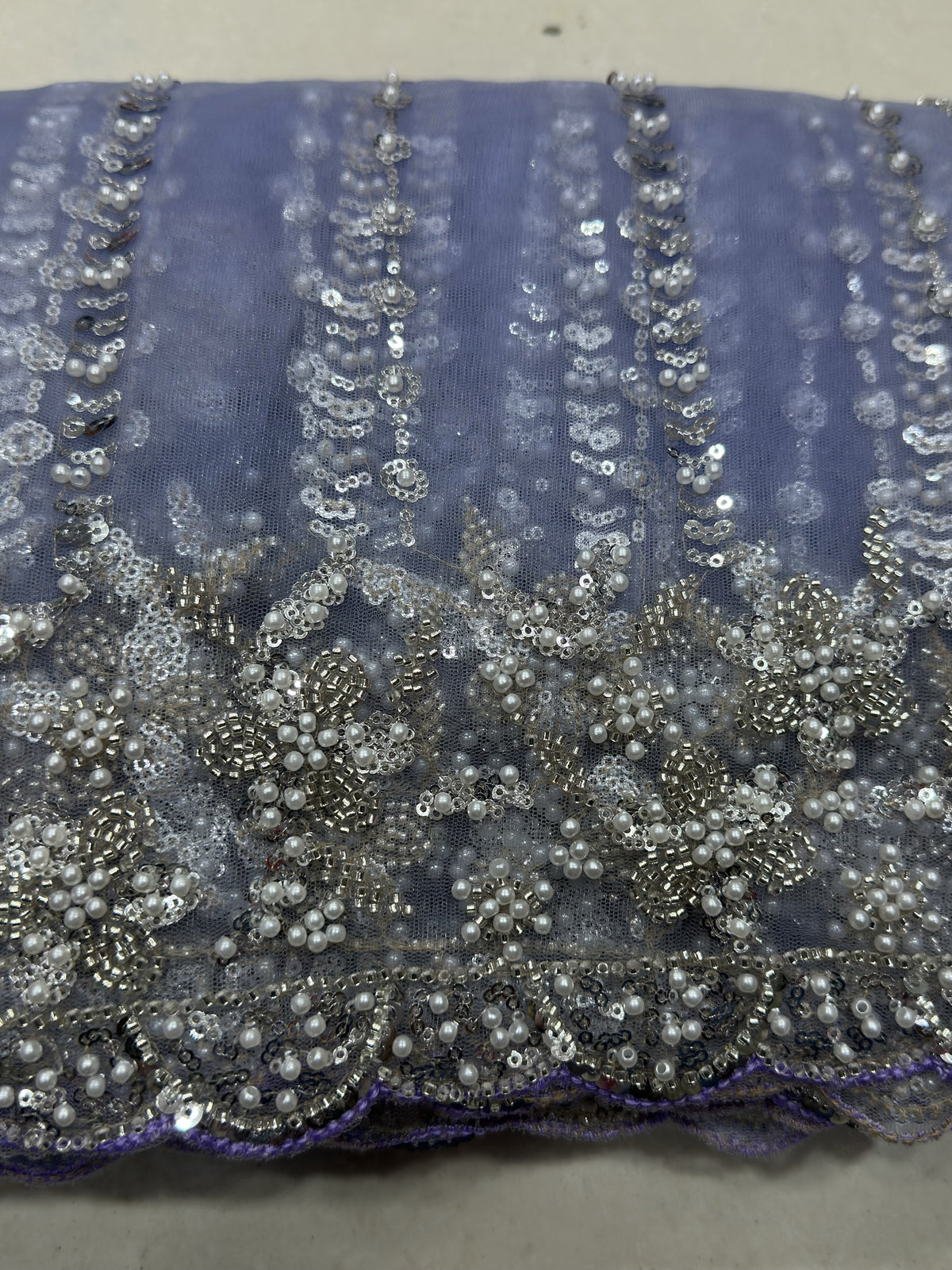 Charming Lavender Bead Work Net Reception Wear Saree With Blouse
