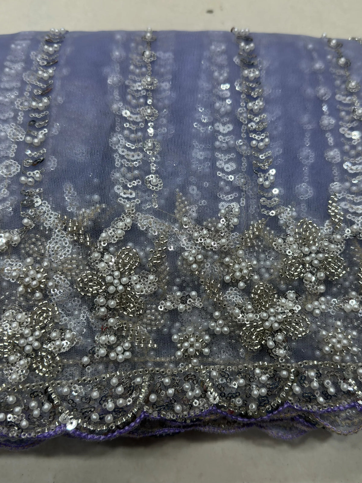 Charming Lavender Bead Work Net Reception Wear Saree With Blouse