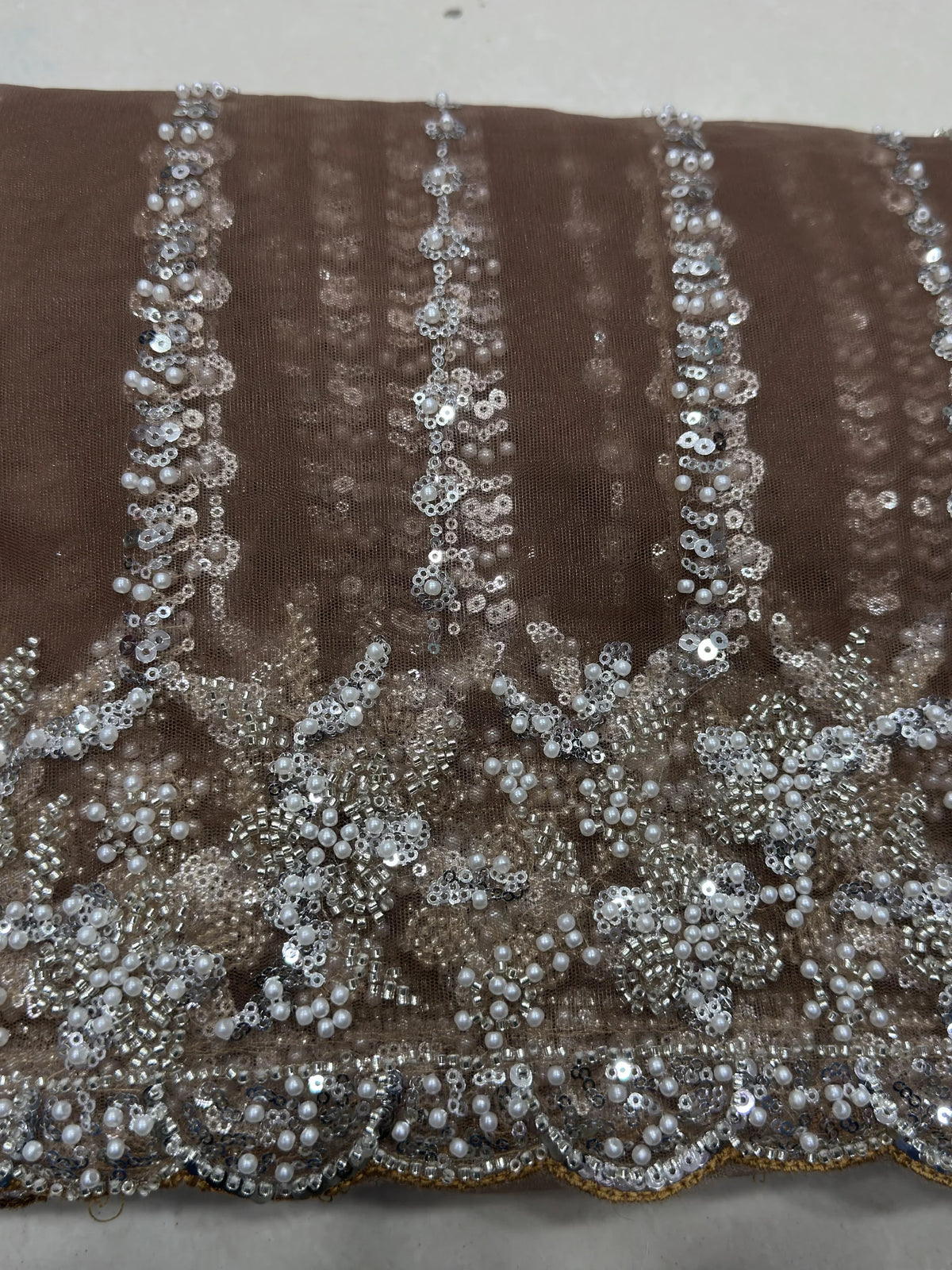 Stupendous Brown Pearl Work Net Wedding Wear Saree With Blouse
