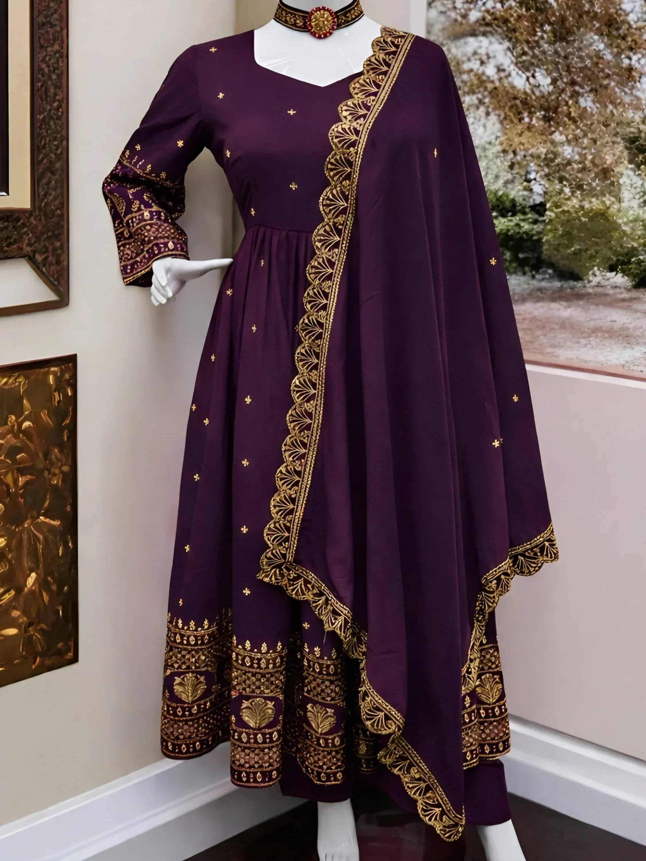 Glamorous Purple Sequins Silk Wedding Wear Gown With Dupatta