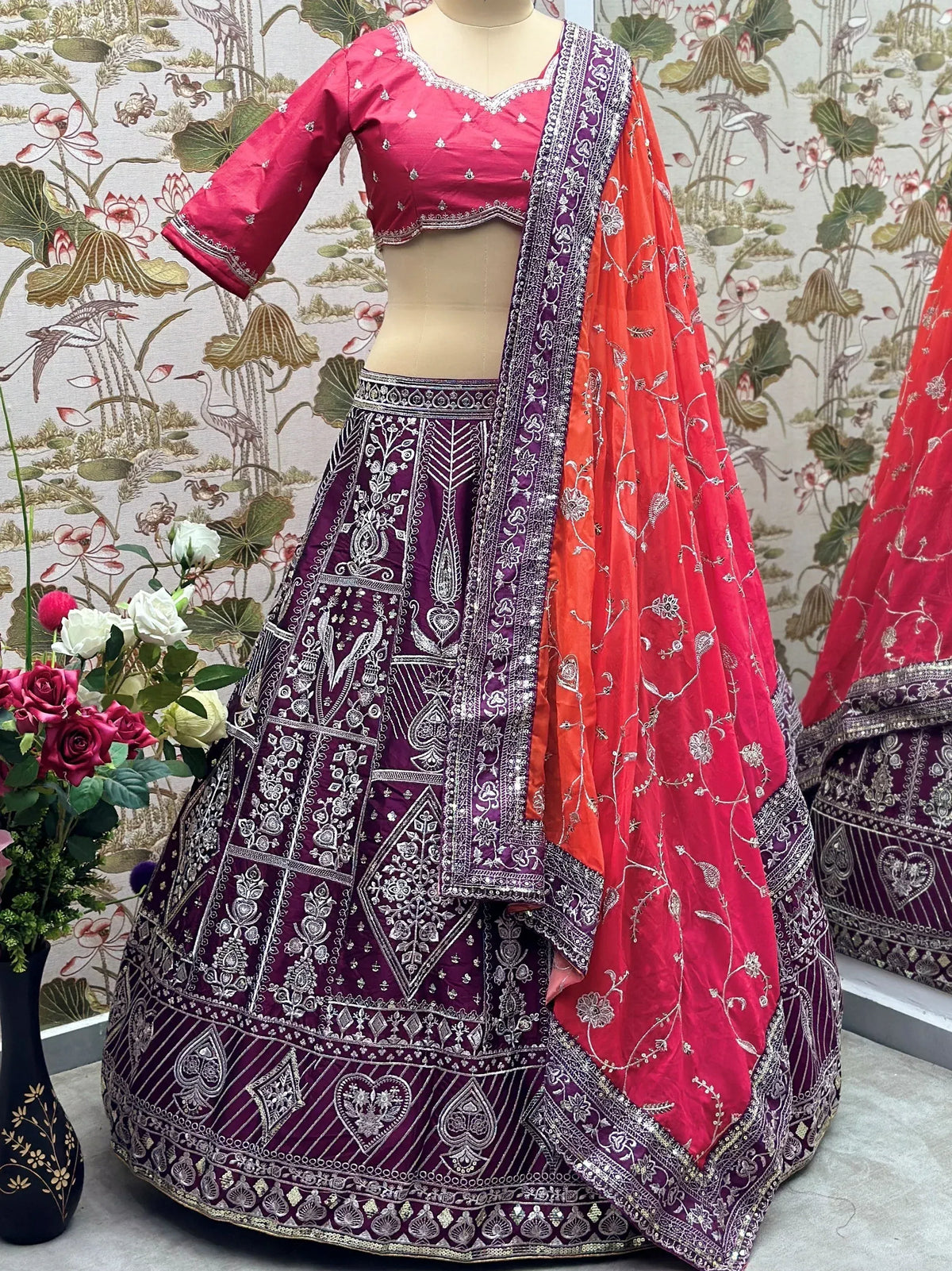Enchanting Purple Sequins Silk Traditional Lehenga With Red Choli