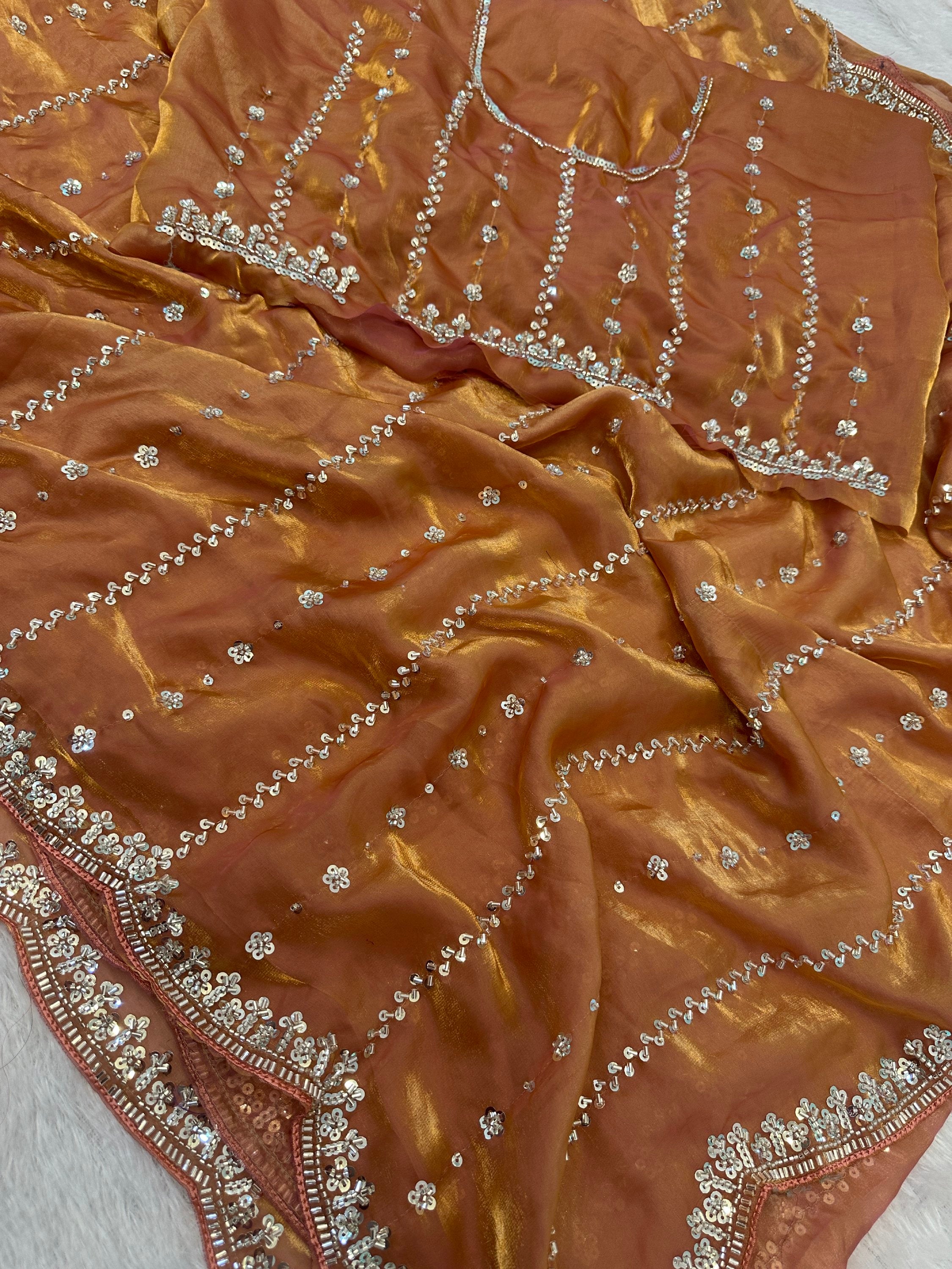 Sparkling Peach Sequins Satin Marriage Wear Saree With Blouse