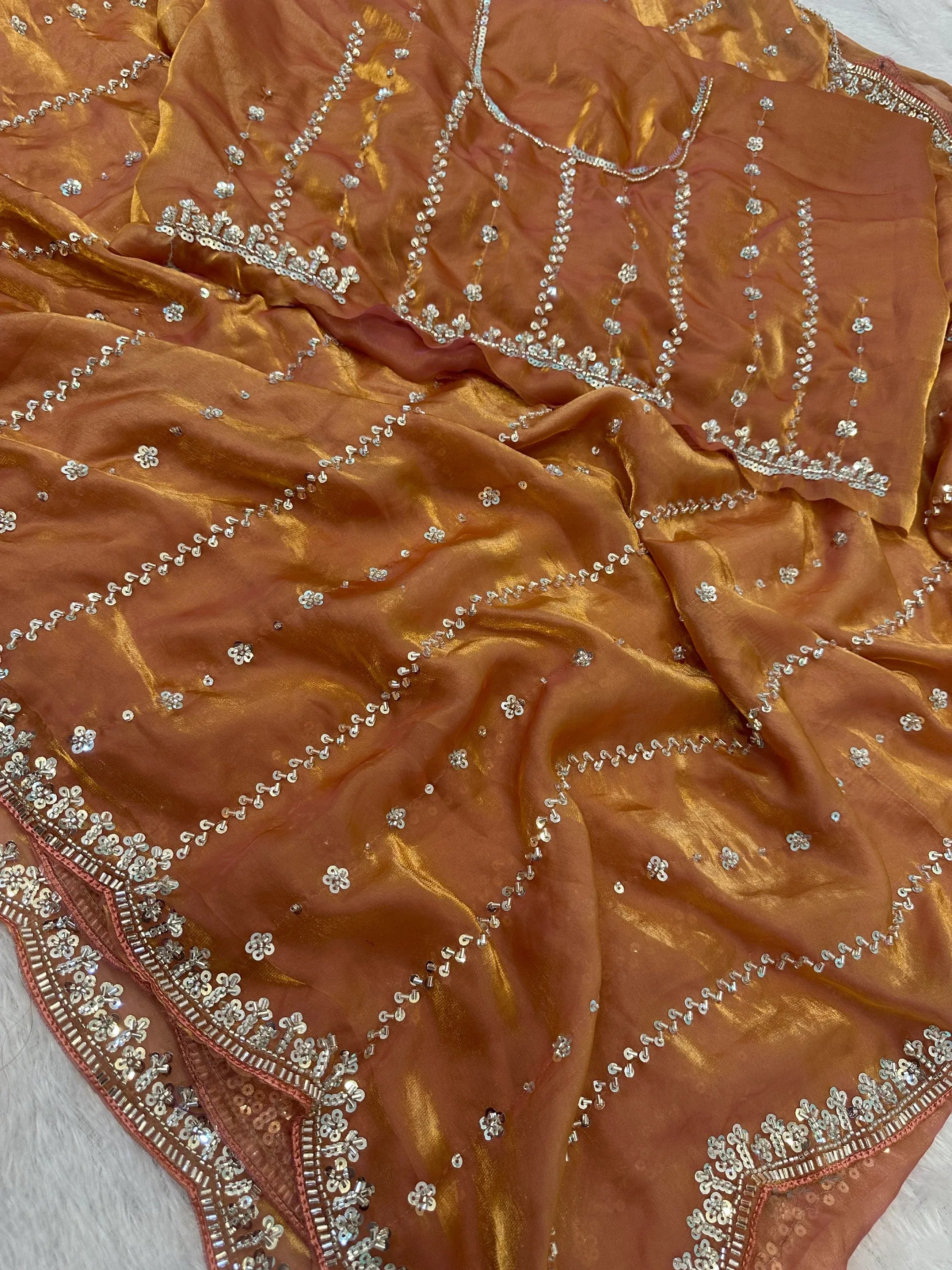 Sparkling Orange Sequins Satin Marriage Wear Saree With Blouse