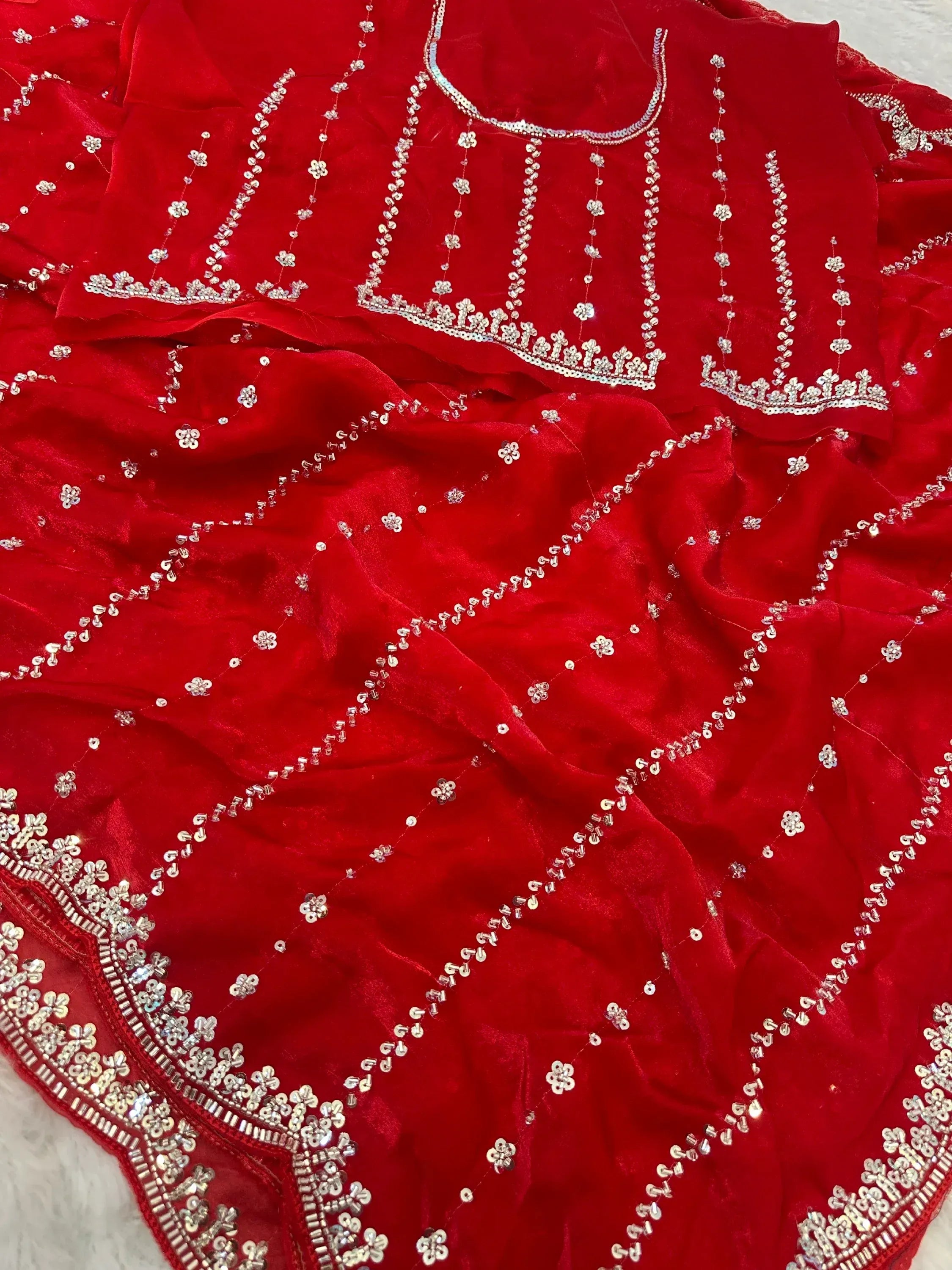 Fashionable Red Sequins Satin Bridal Saree With Blouse