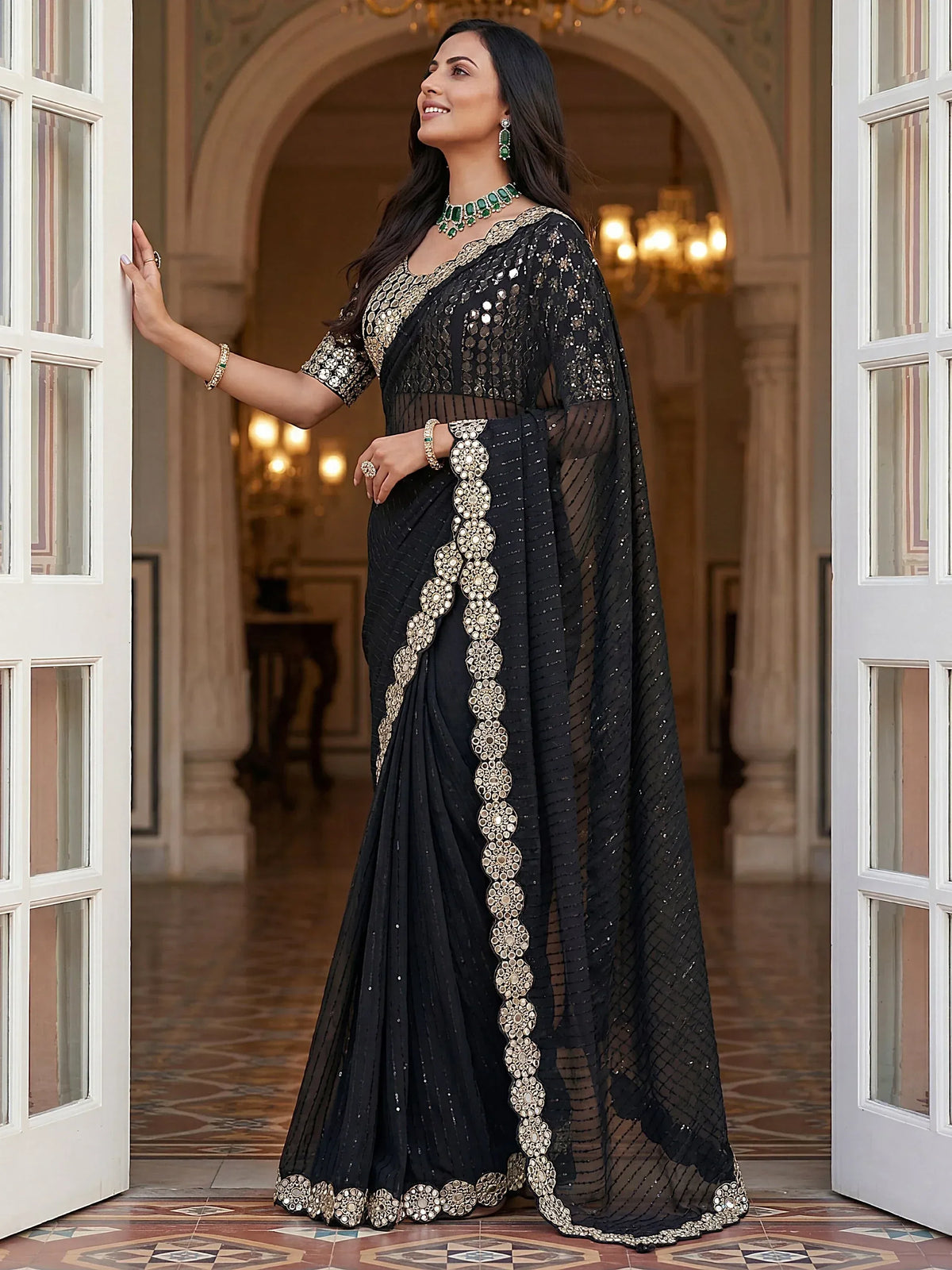 Glamorous Black Real Mirror Border Georgette Party Wear Saree With Blouse