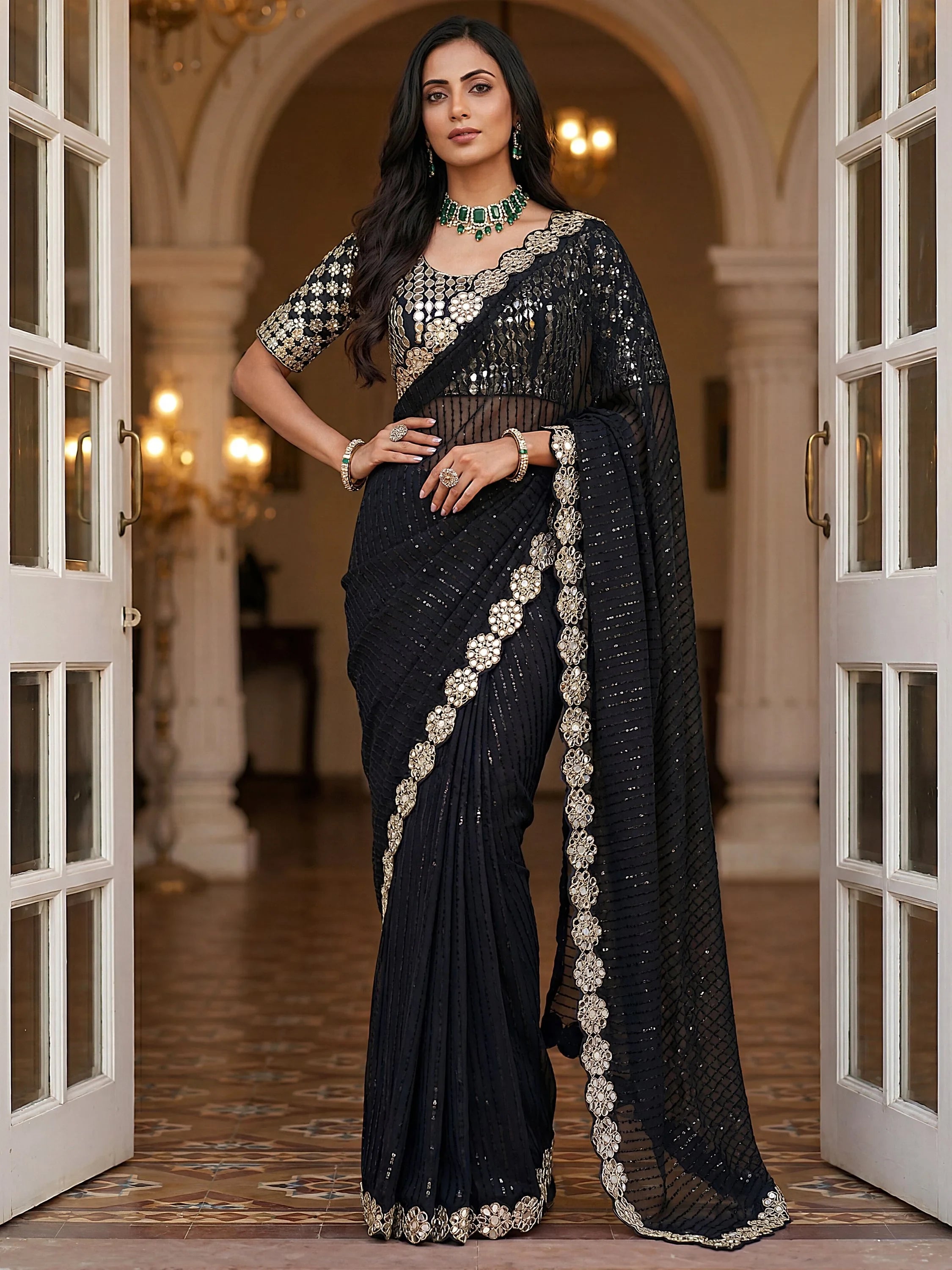 Glamorous Black Real Mirror Border Georgette Party Wear Saree With Blouse