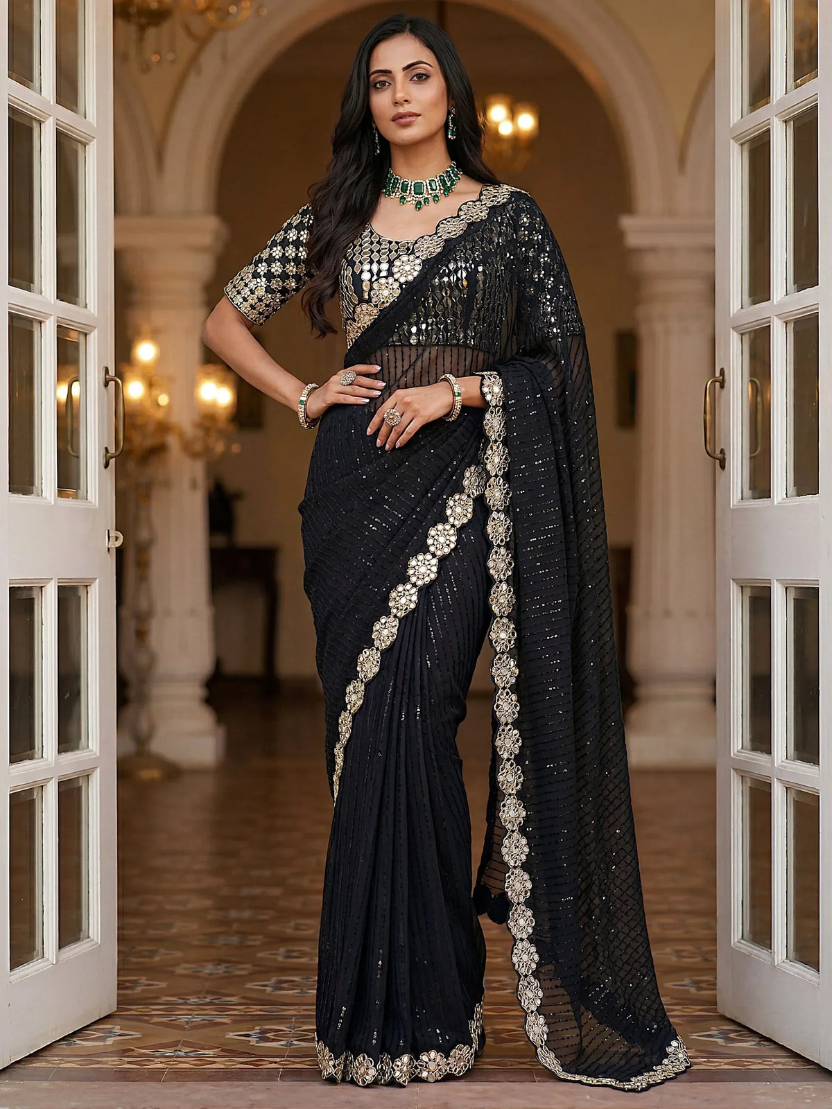 Glamorous Black Real Mirror Border Georgette Party Wear Saree With Blouse