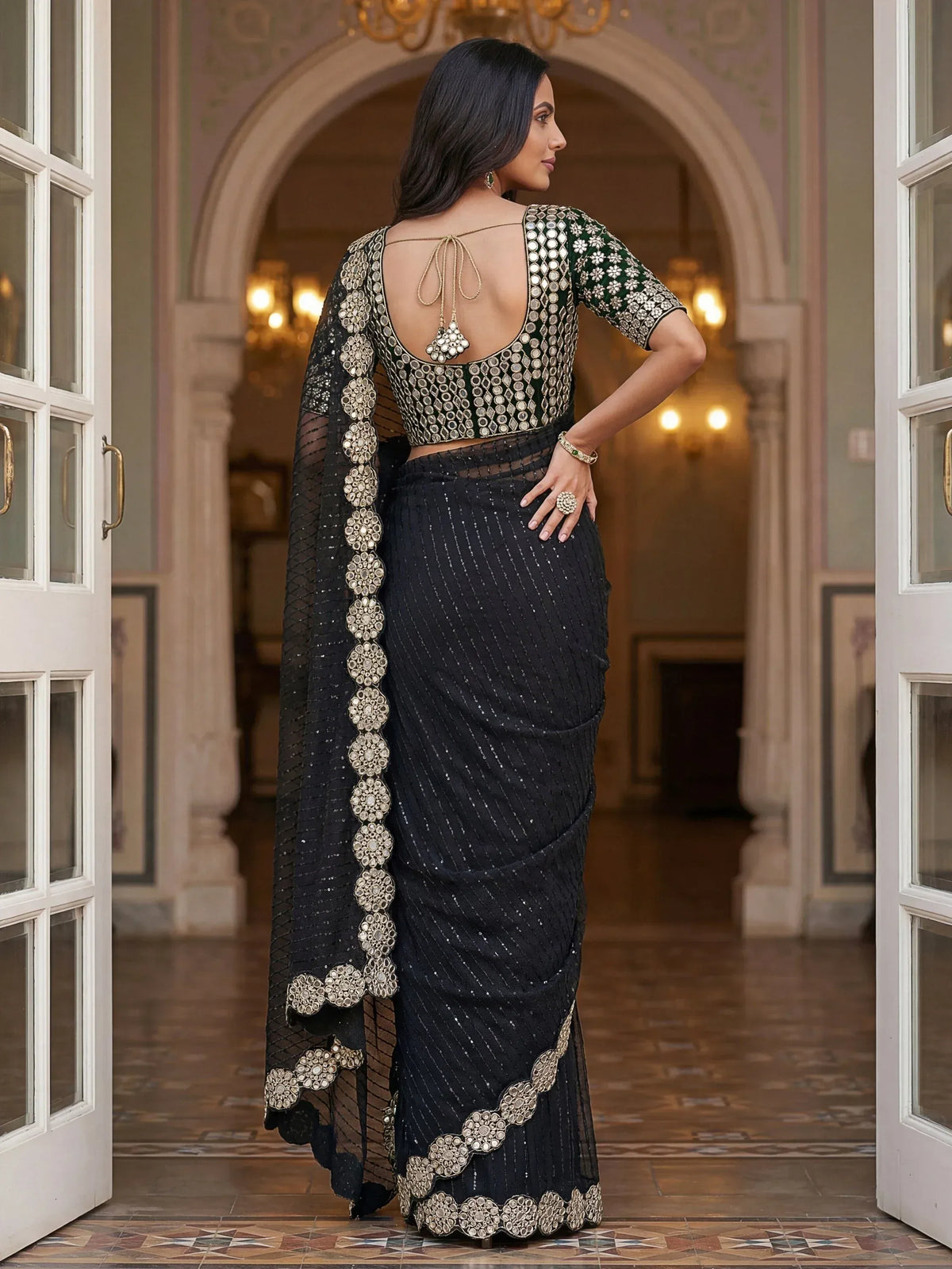 Glamorous Black Real Mirror Border Georgette Party Wear Saree With Blouse