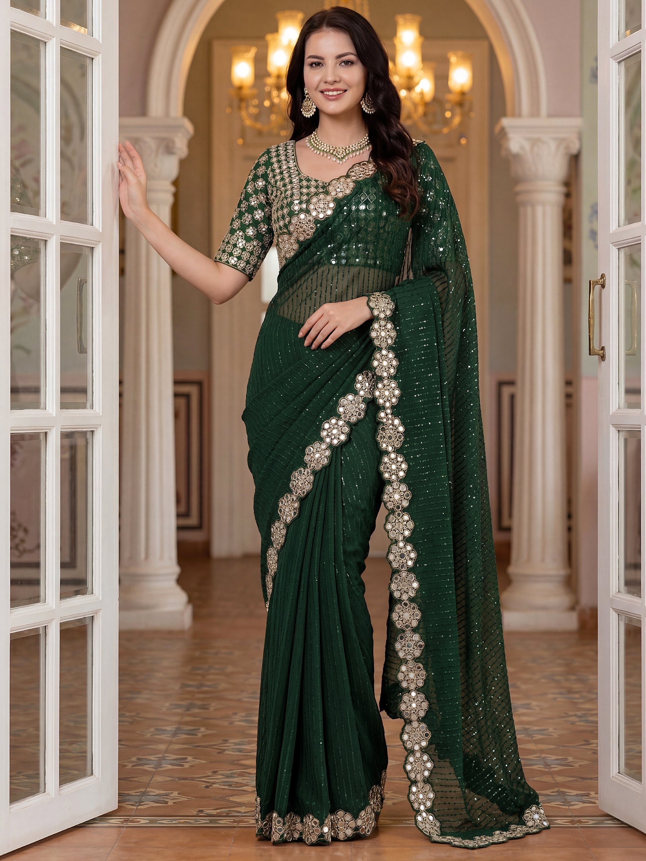 Ravishing Green Mirror Border Work Georgette Reception Wear Saree With Blouse