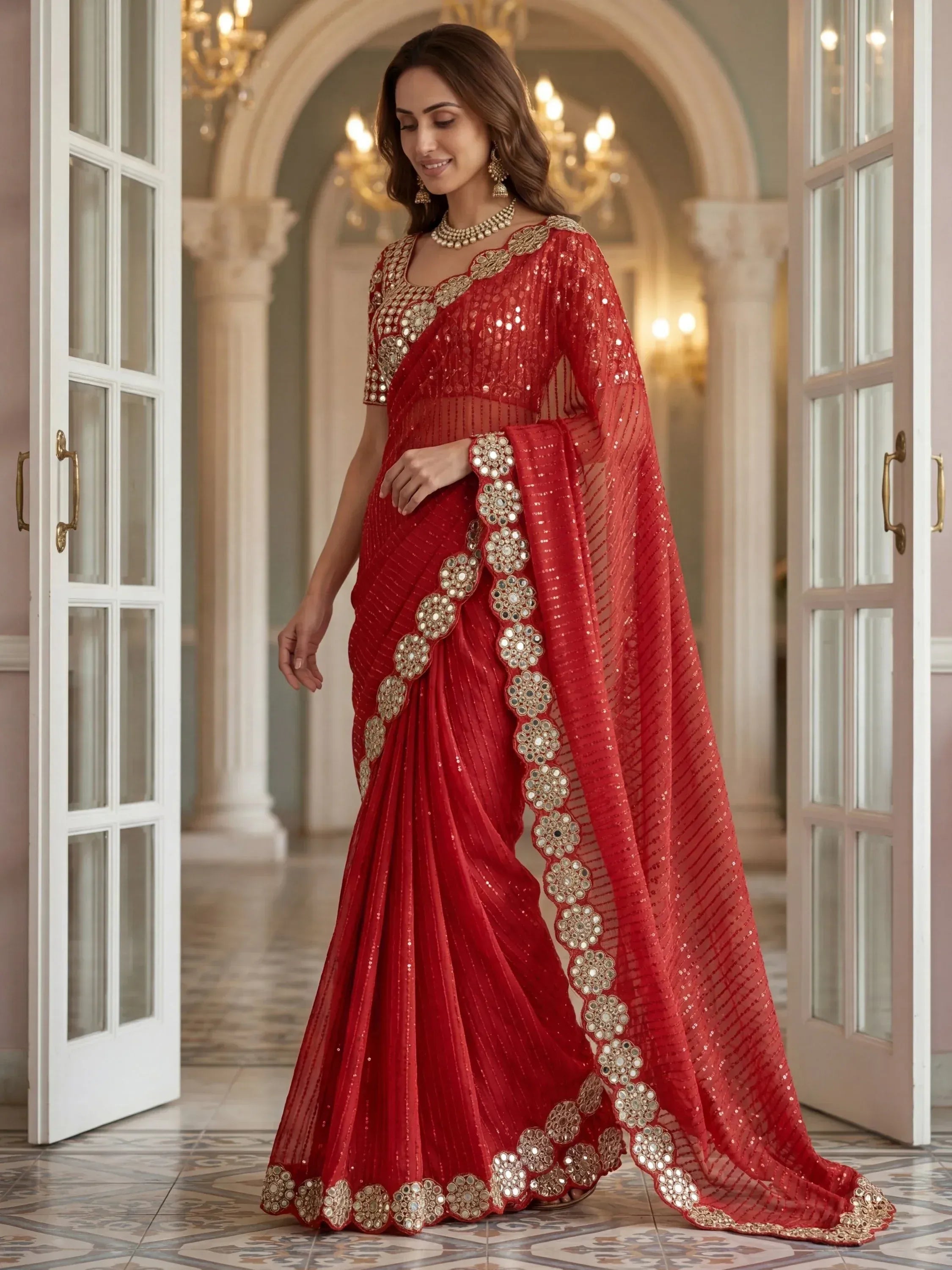 Sparkling Red Coding Work Georgette Bridal Saree With Blouse
