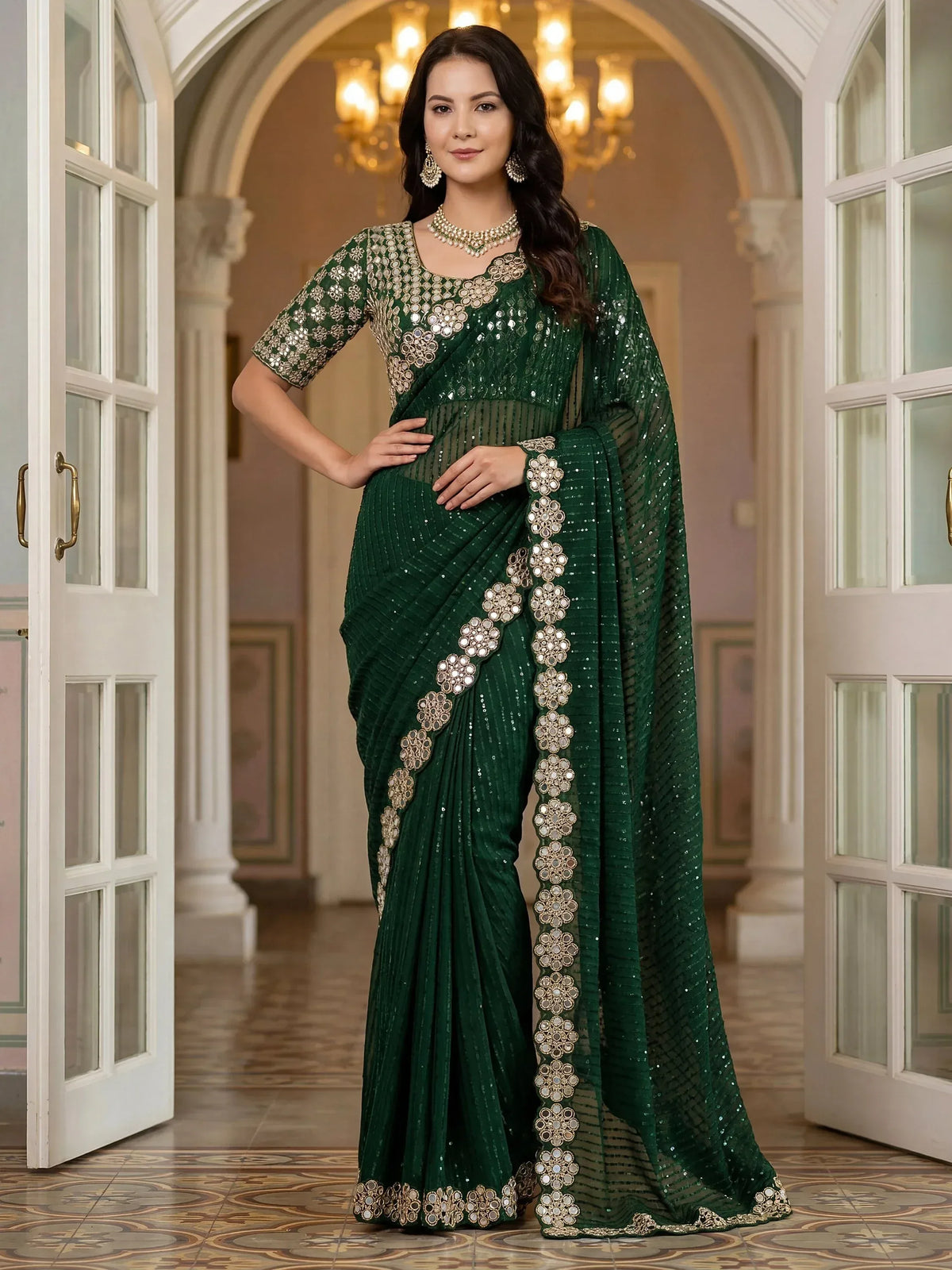 Woman wearing a dark green sequined designer saree with an embroidered blouse and border