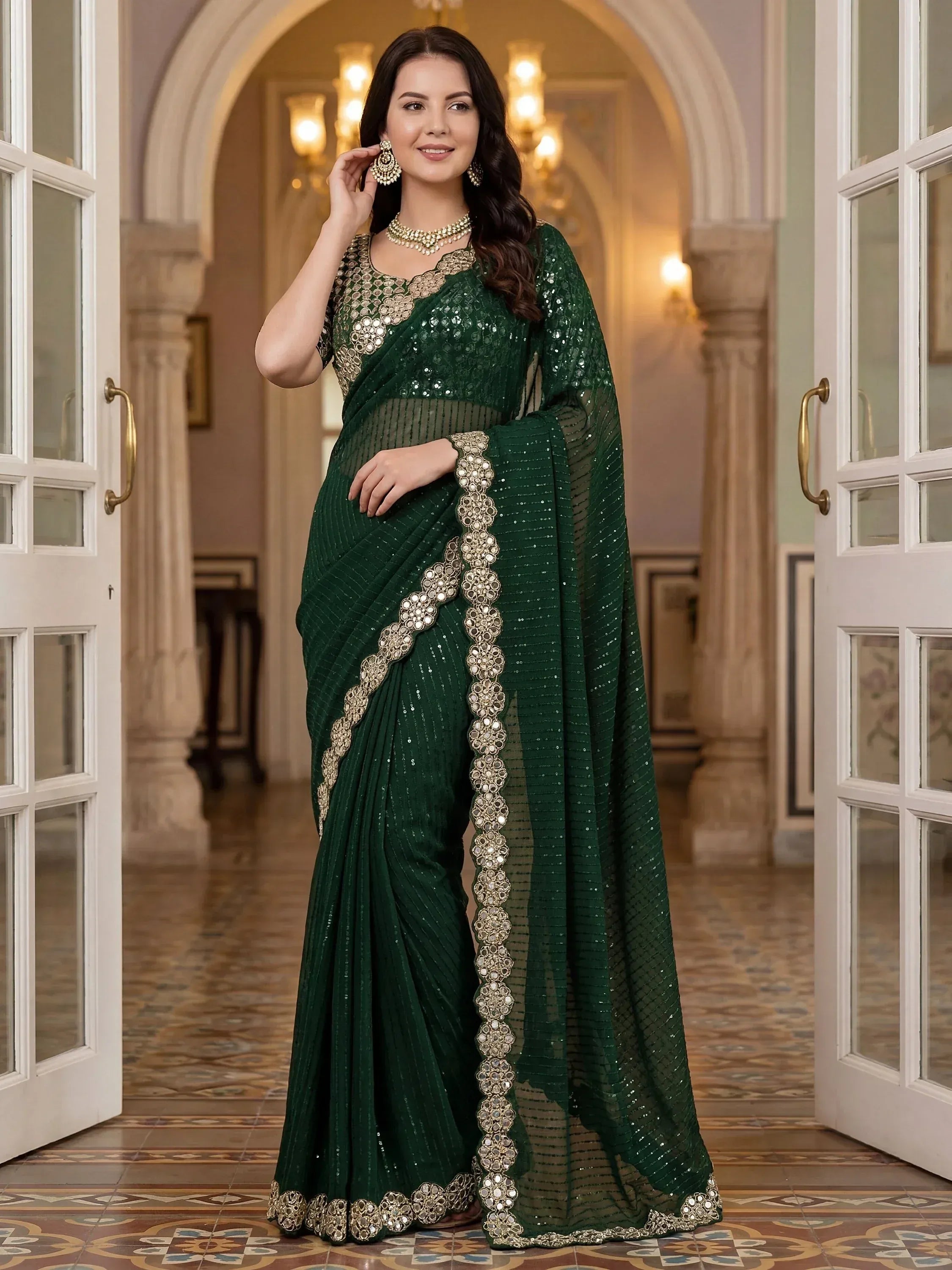 Ravishing Green Mirror Border Work Georgette Reception Wear Saree With Blouse