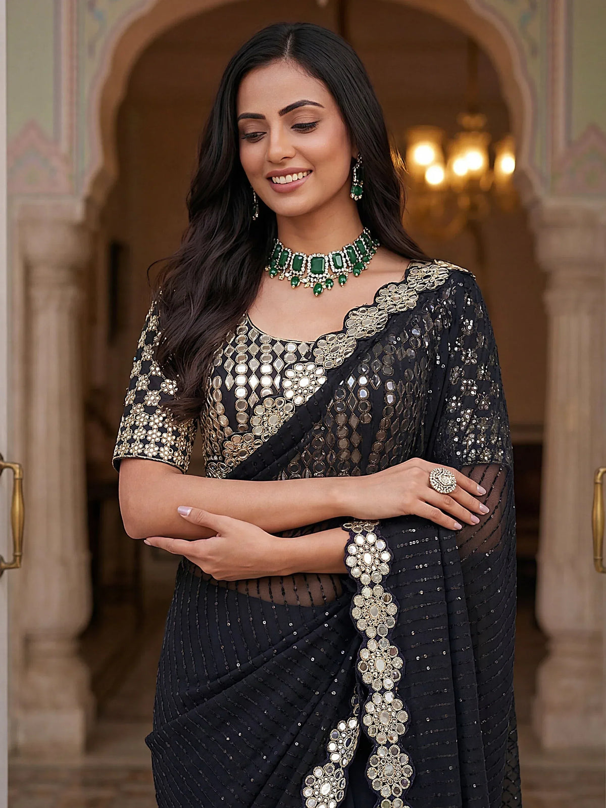 Glamorous Black Real Mirror Border Georgette Party Wear Saree With Blouse