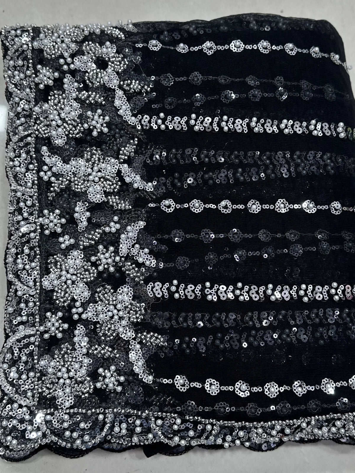 Breathtaking Black Bead Work Net Party Wear Saree With Blouse