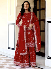 Graceful Red Embroidered Chinon Silk Festive Wear Gharara Suit