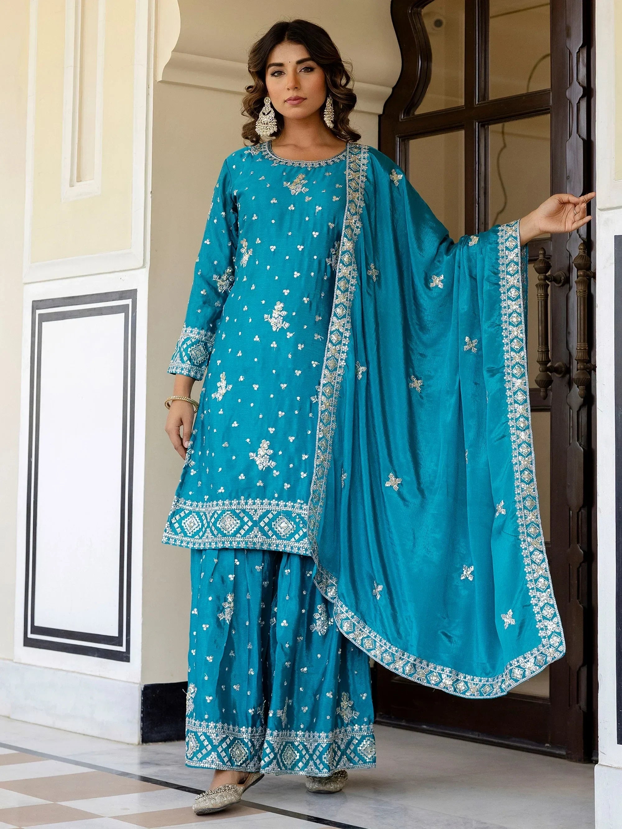 Captivating Blue Embroidered Chinon Silk Wedding Wear Gharara Suit