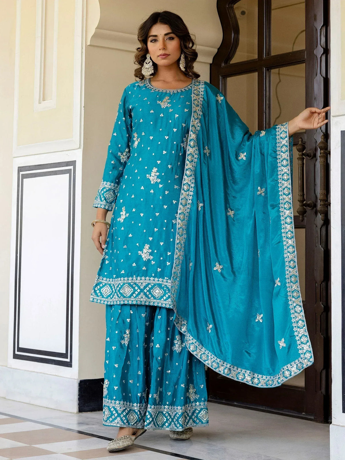 Teal embroidered salwar kameez with palazzo pants and dupatta, Indian ethnic wear for women