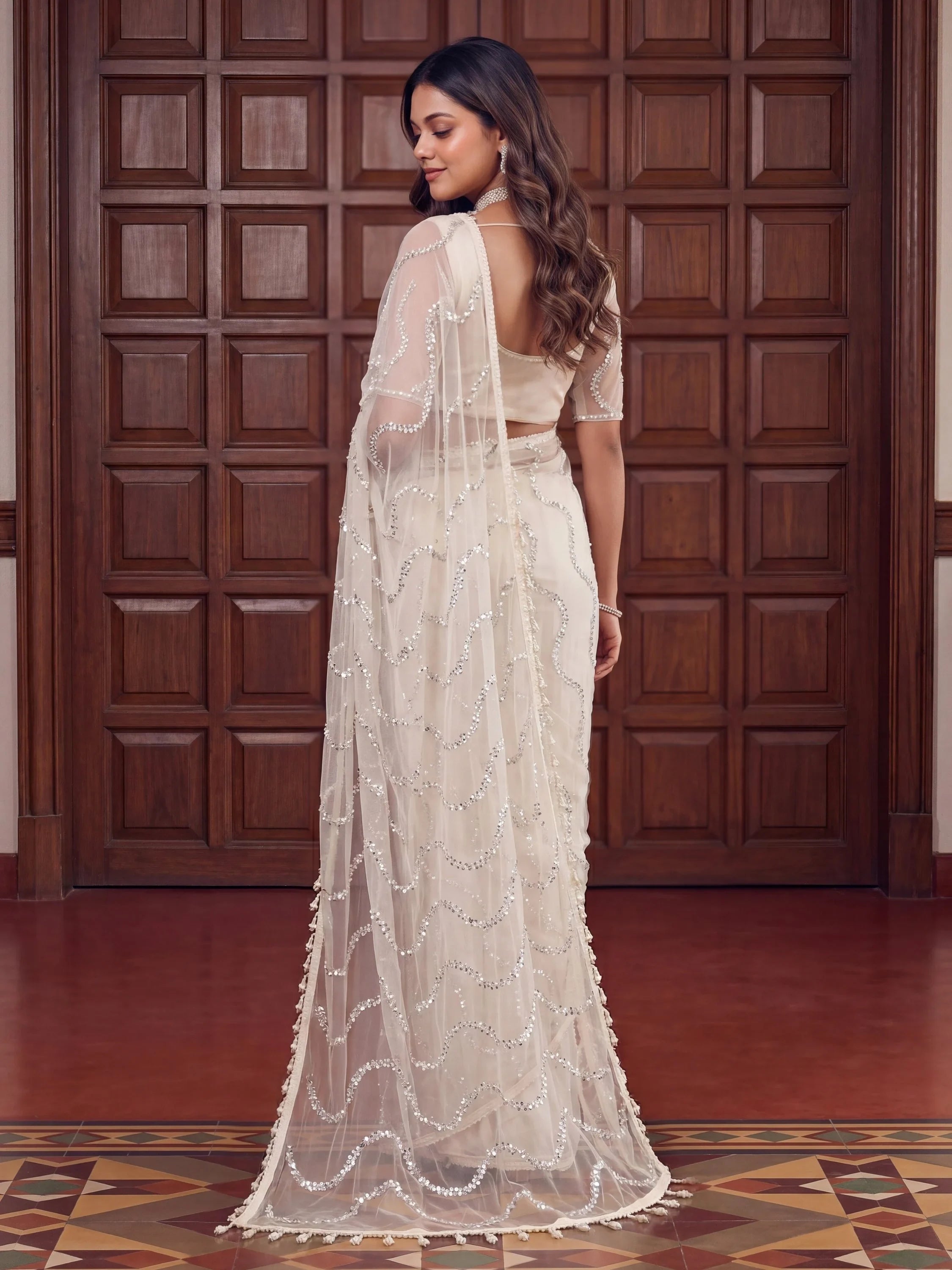 Pretty Off White Peral Work Net Party Wear Saree With Blouse