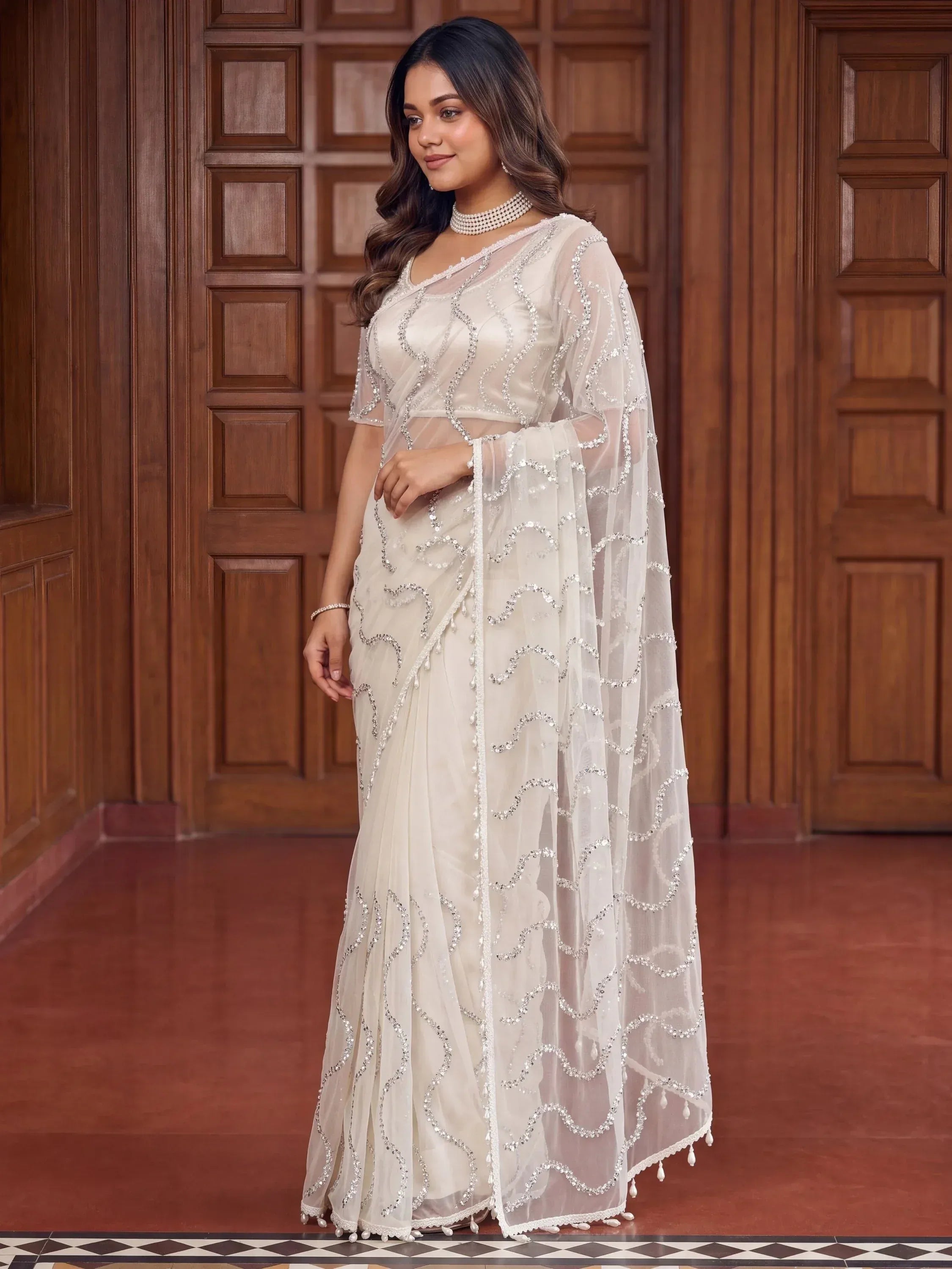 Pretty Off White Peral Work Net Party Wear Saree With Blouse